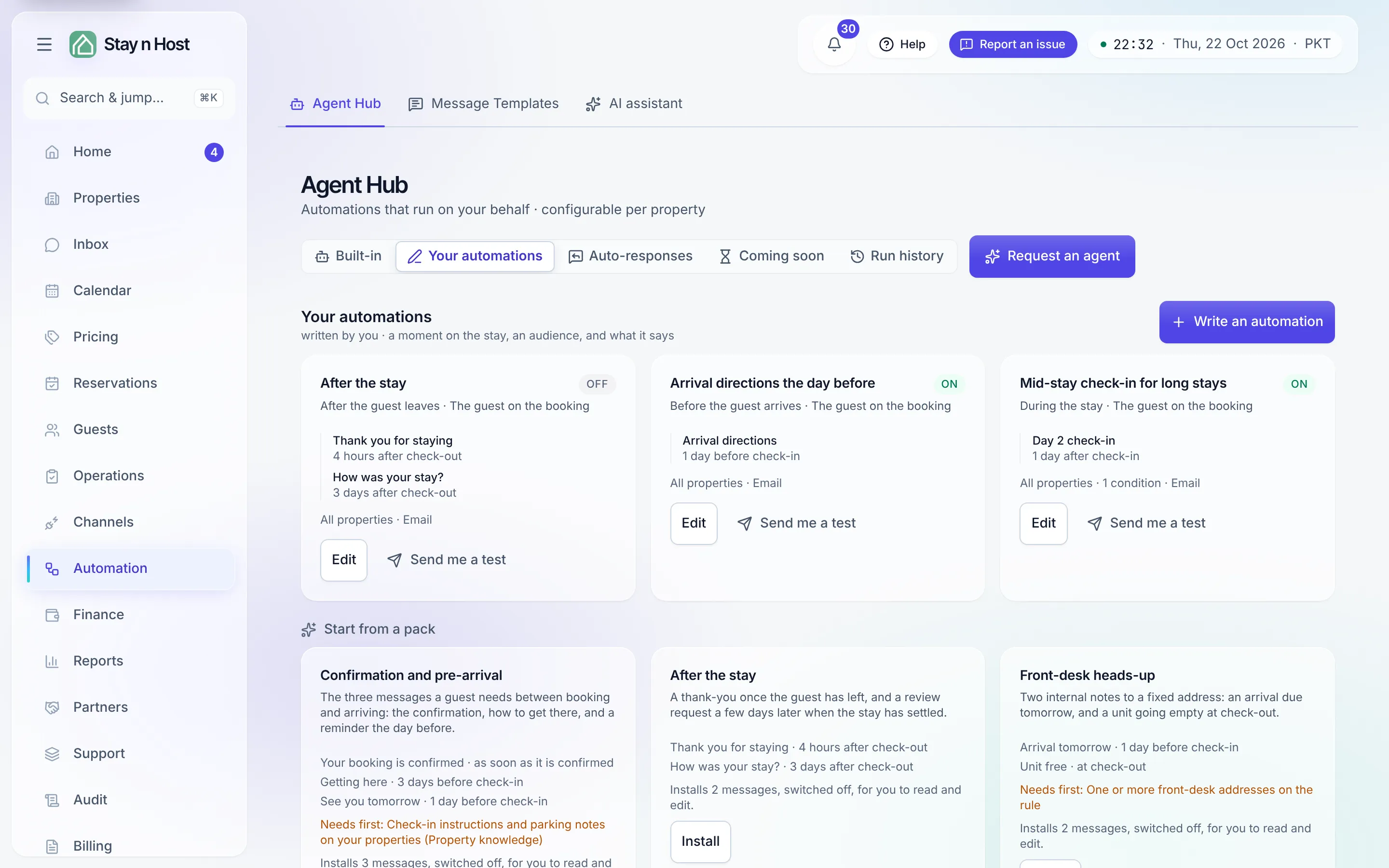 The Your automations tab: a few automations as cards, each listing its messages and timing, the Write an automation button, and the Start from a pack cards below