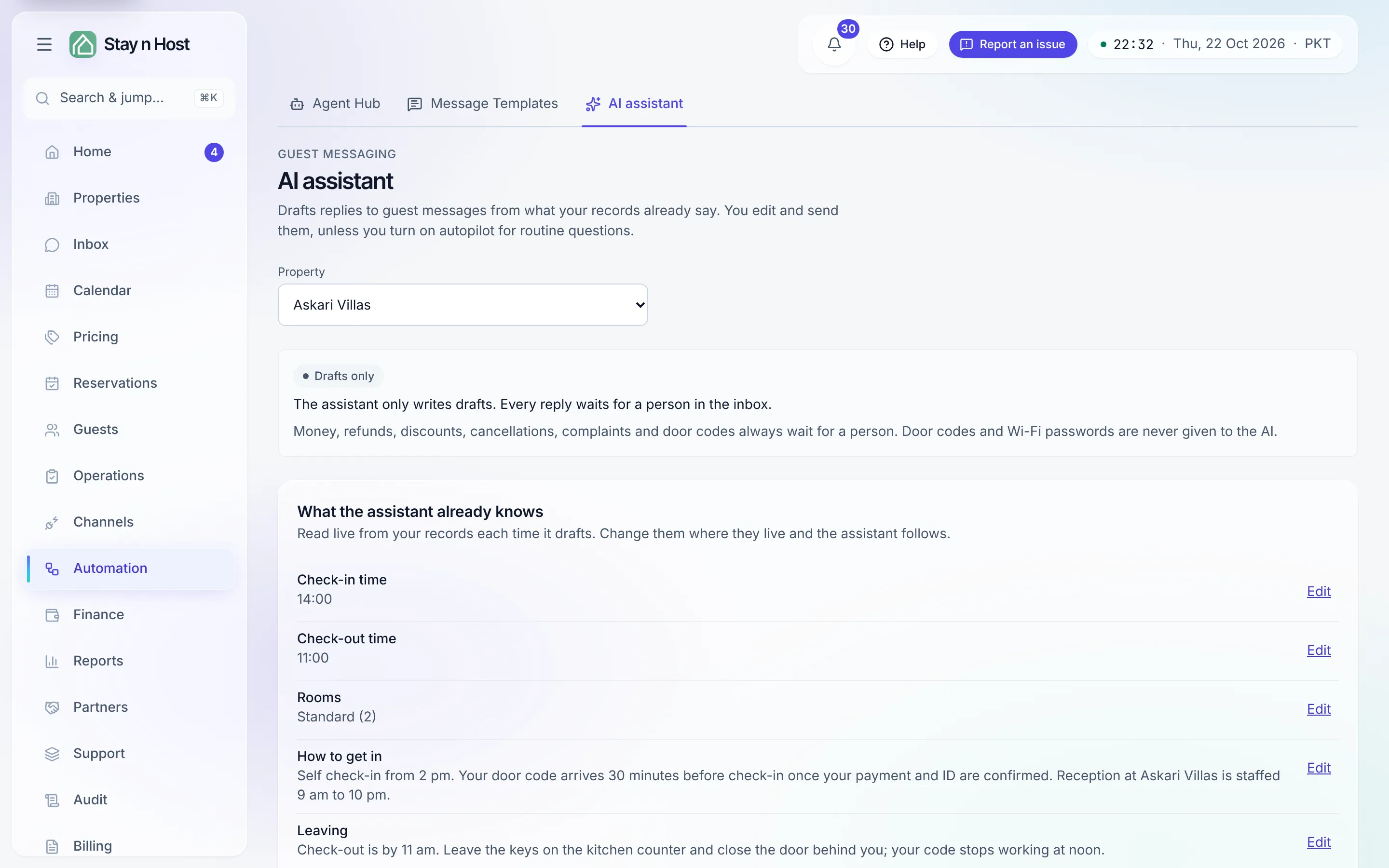 The AI assistant page: drafts-only mode, the property it is set up for, and what it already knows about that property