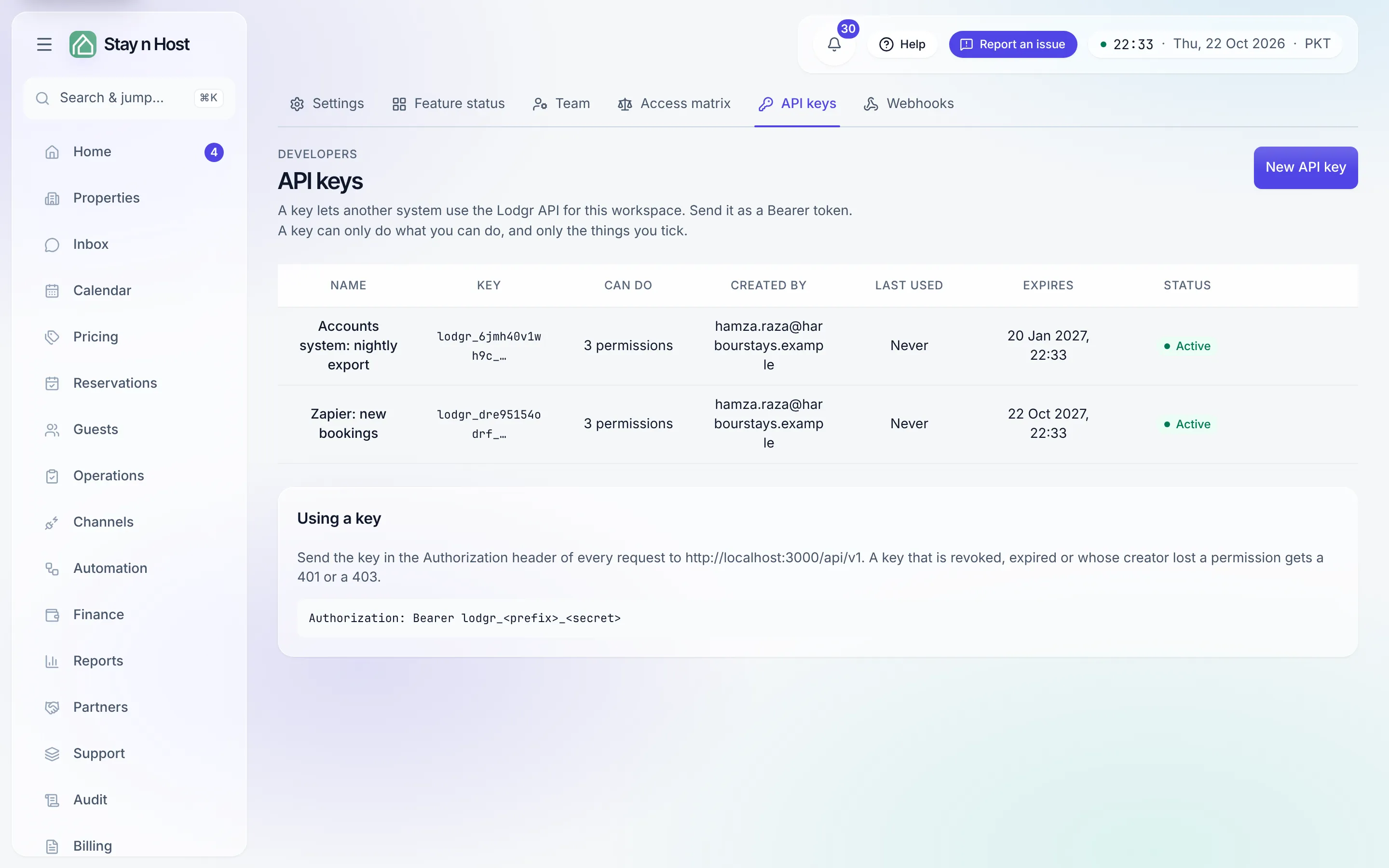 The API keys page: two keys, each with its name, prefix, permissions and expiry date