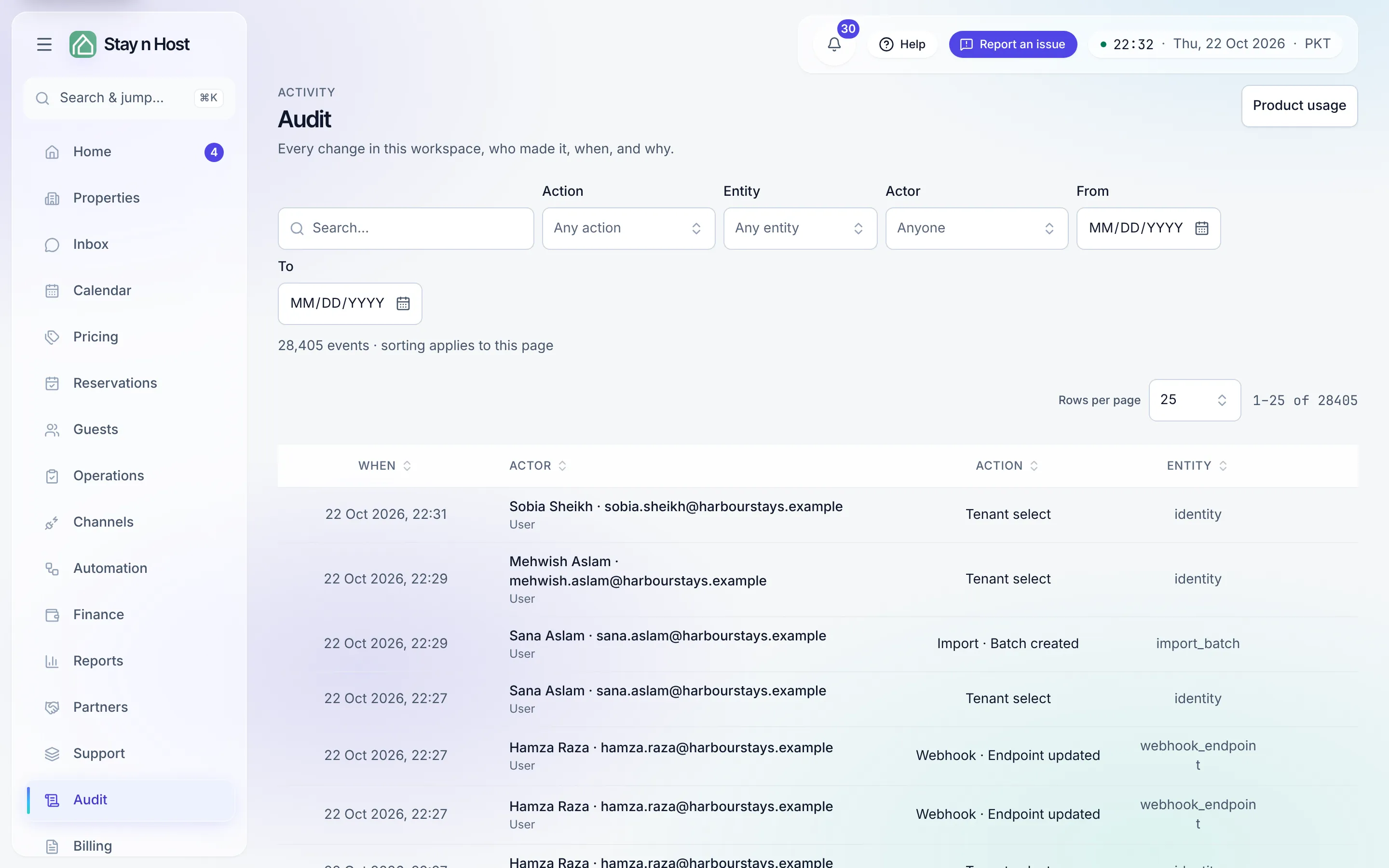 The Audit page in the new app shell: the search box, Action, Entity, Actor, From and To filters, the event count, and the table with a Details button