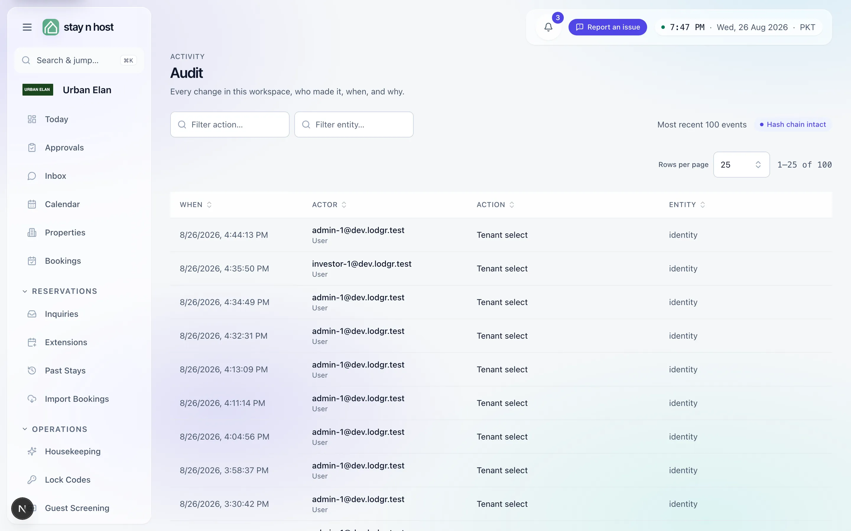 The Audit screen - the event table with its action and entity filters