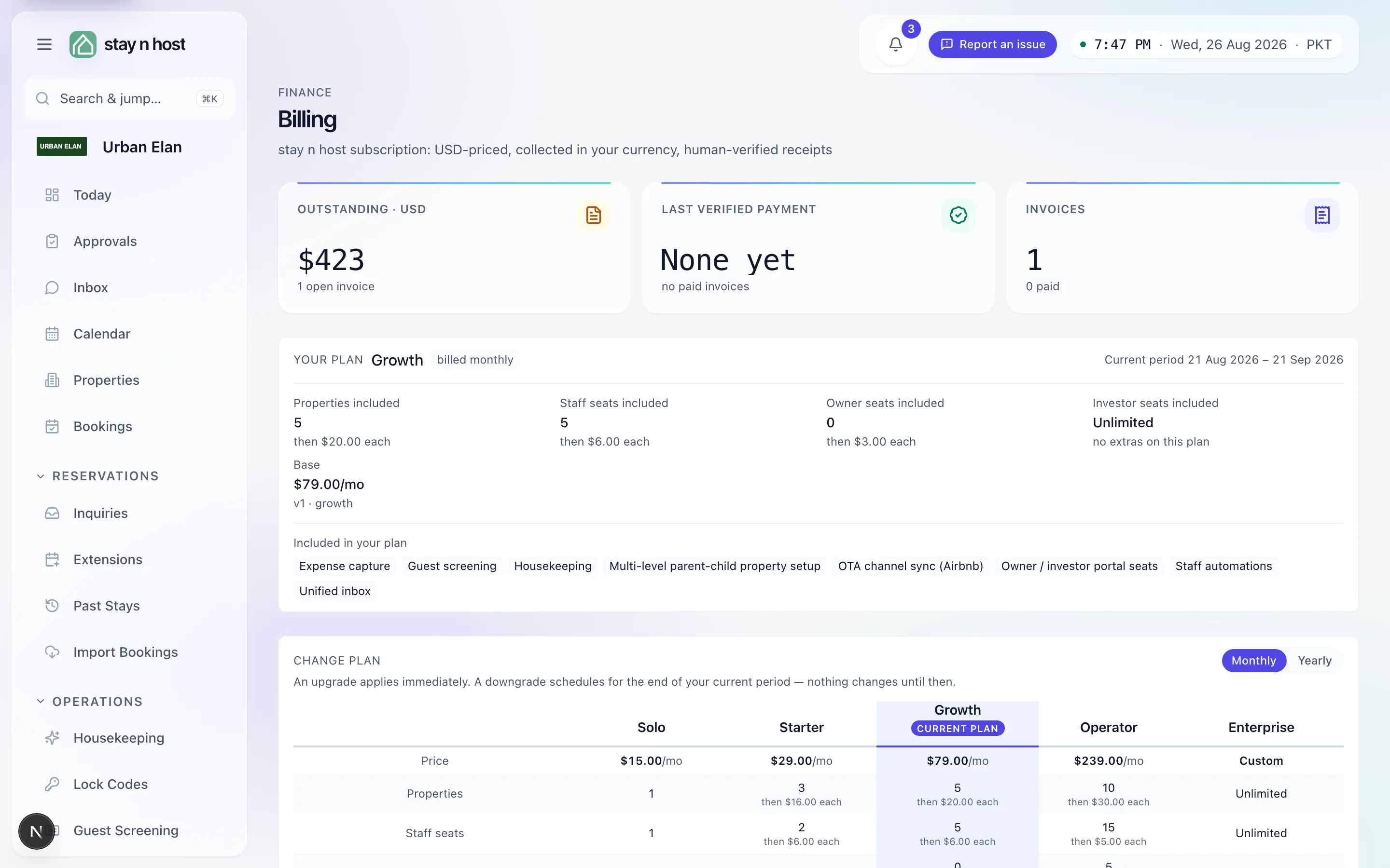 The Billing screen - plan card, invoice book, and payment history