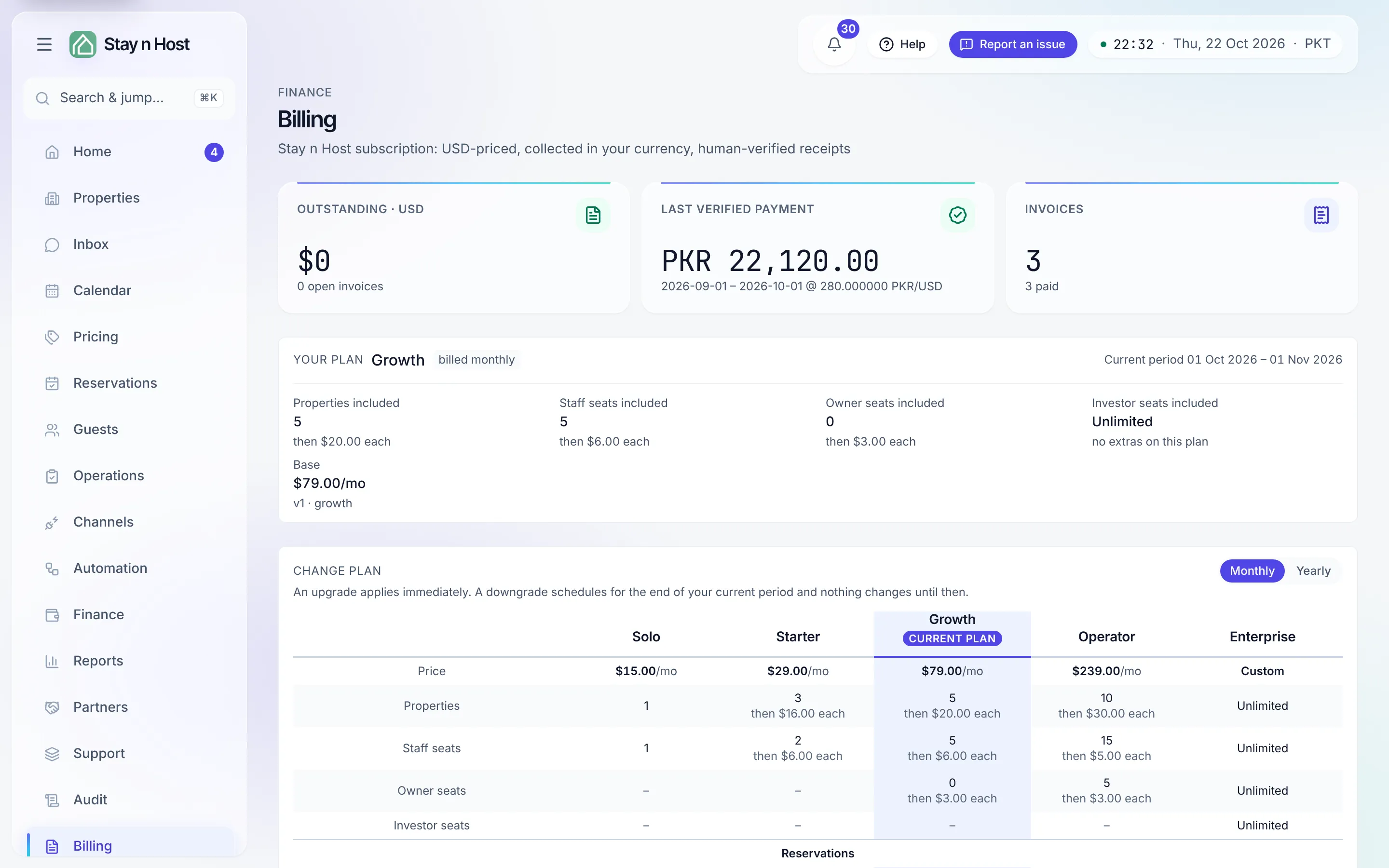 The Billing screen - plan card, invoice book, and payment history
