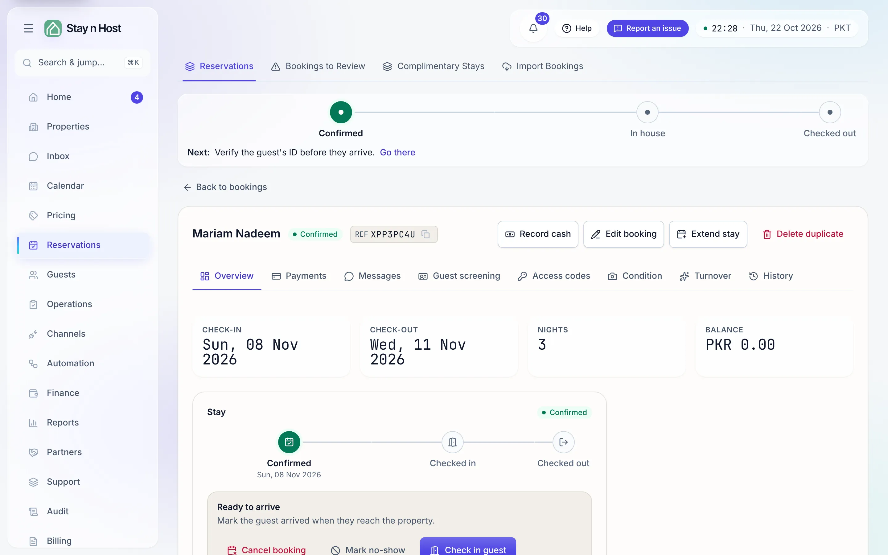 The booking page - header, status, and the eight tabs
