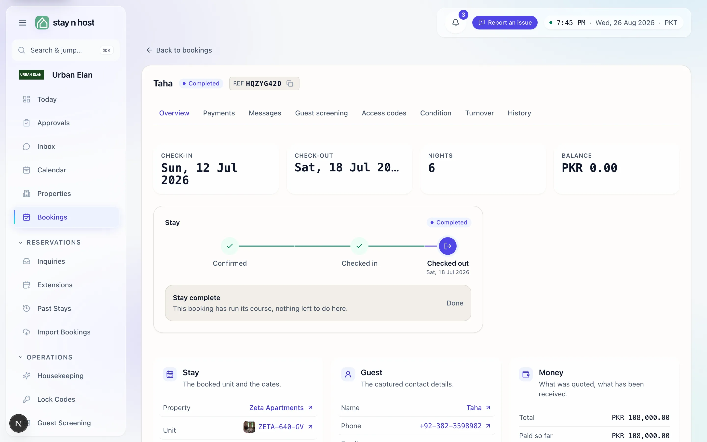 The booking page - header, status, and the eight tabs