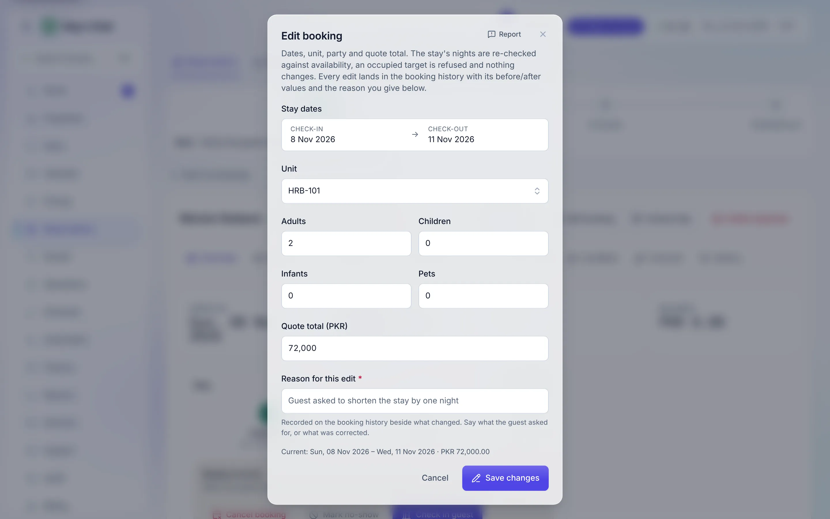 The Edit booking dialog on a confirmed booking: stay dates, unit, guests, quote total, and the required Reason for this edit field filled in