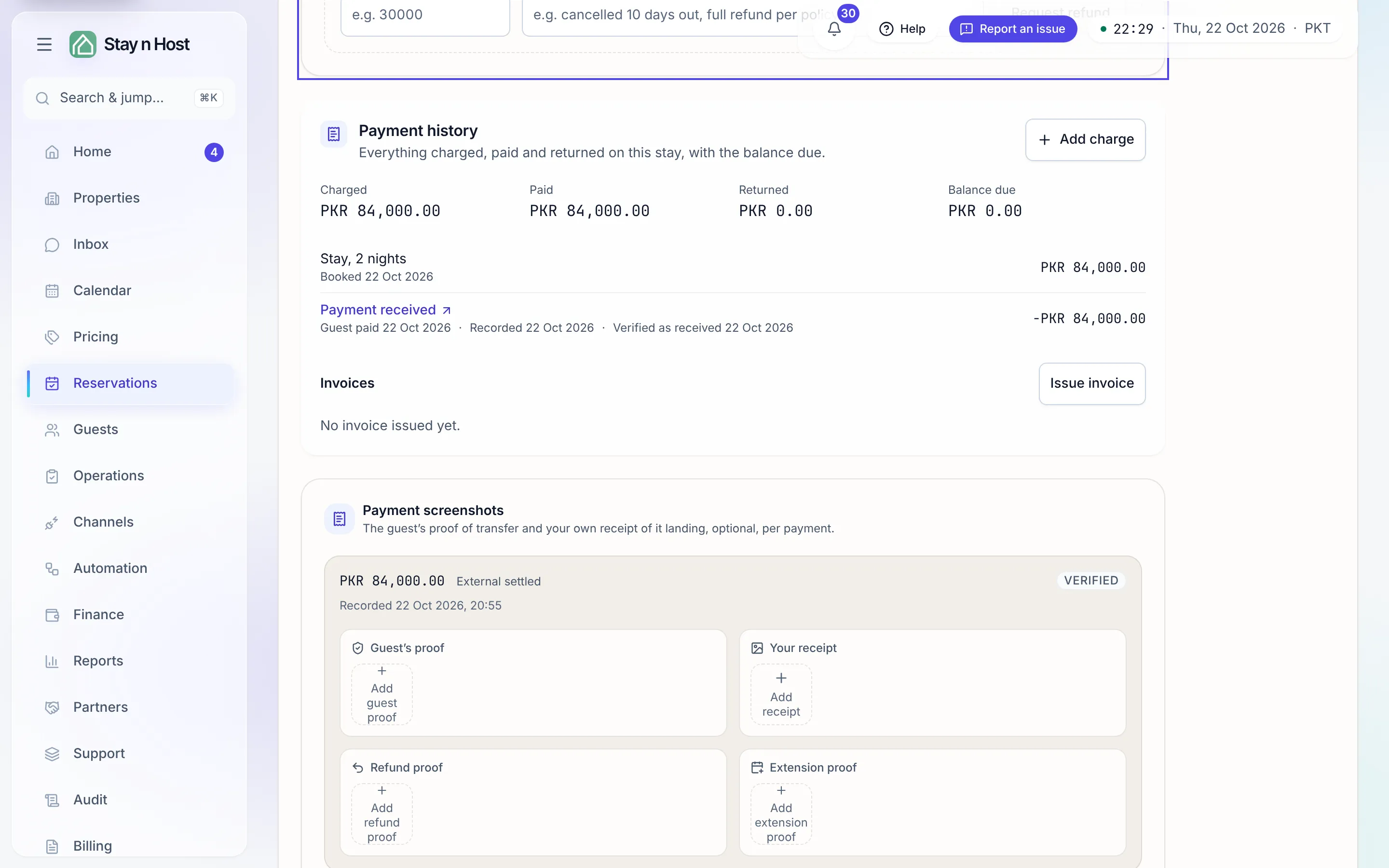 The Payment history on a booking’s Payments tab: the Charged, Paid, Returned and Balance due totals, and the stay’s payment rows