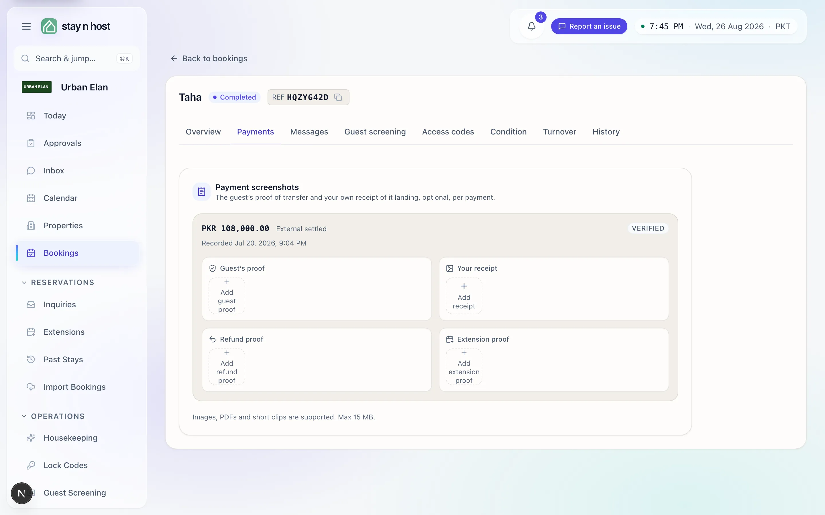 A booking’s Payments tab - a verified payment with its four proof slots