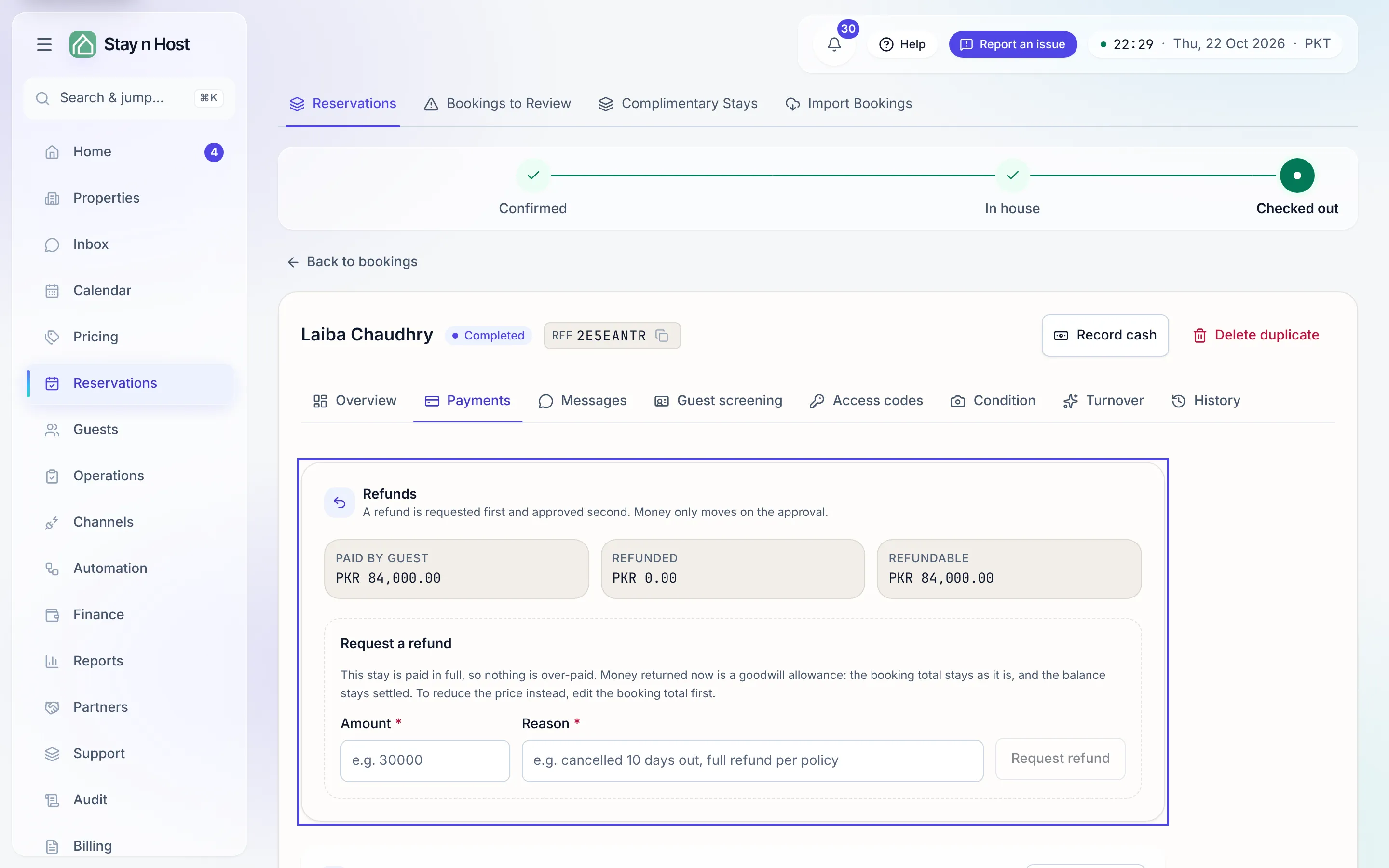 The Refunds panel at the top of a booking’s Payments tab: what the guest paid, what was refunded, what is refundable, and the refund request form