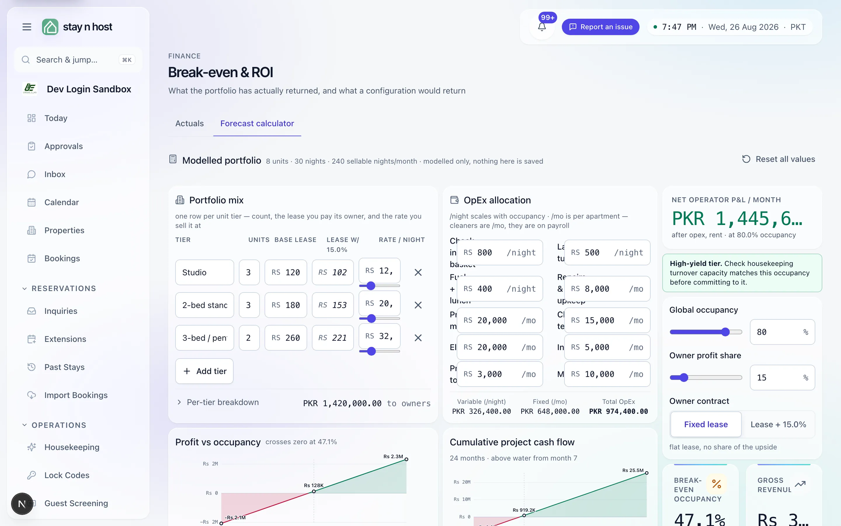 The Forecast calculator tab - the modelled portfolio mix, OpEx allocation, and the three dials