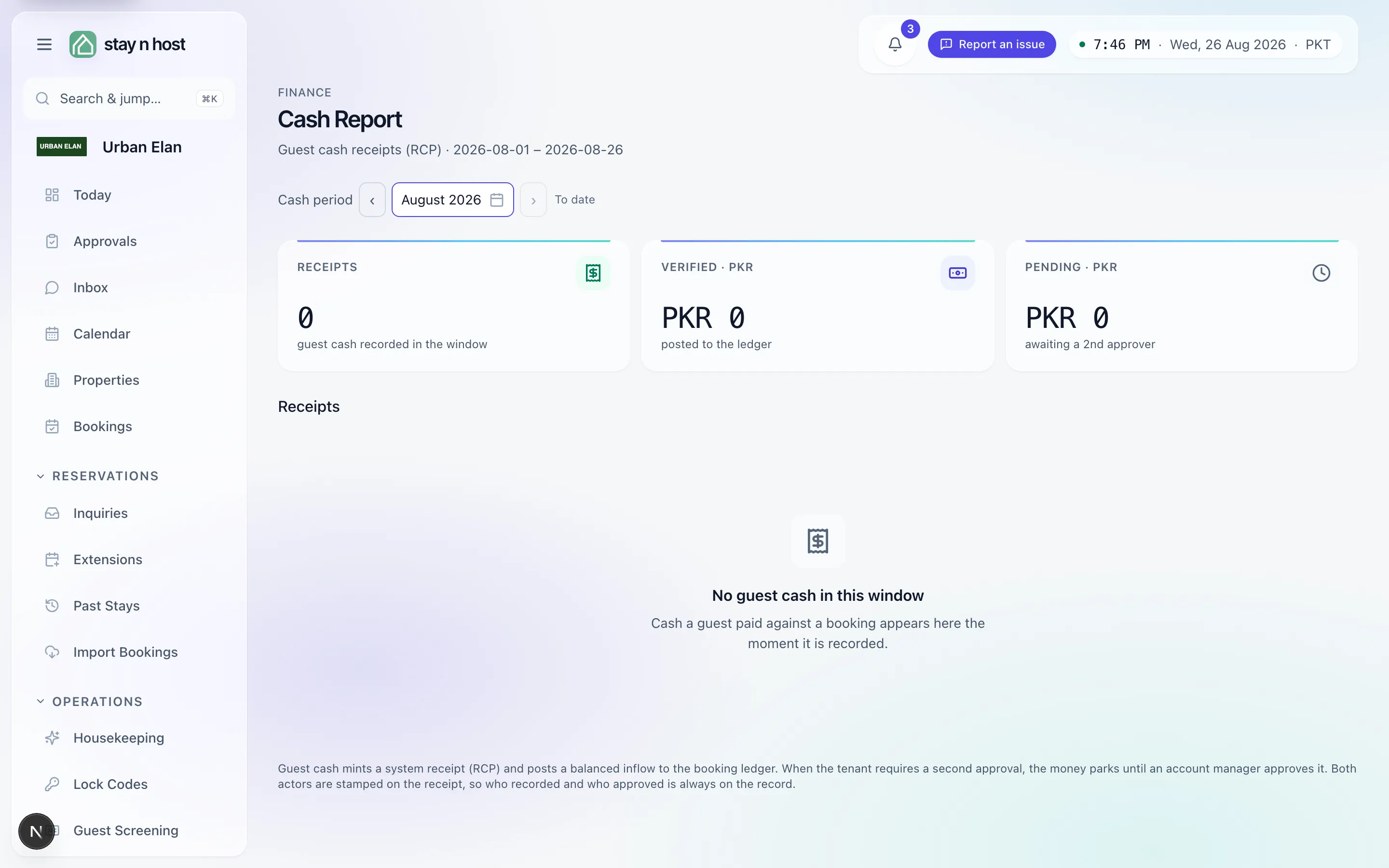 The Cash Report - the receipts, verified, and pending-approval tiles; receipts list here as guest cash is recorded
