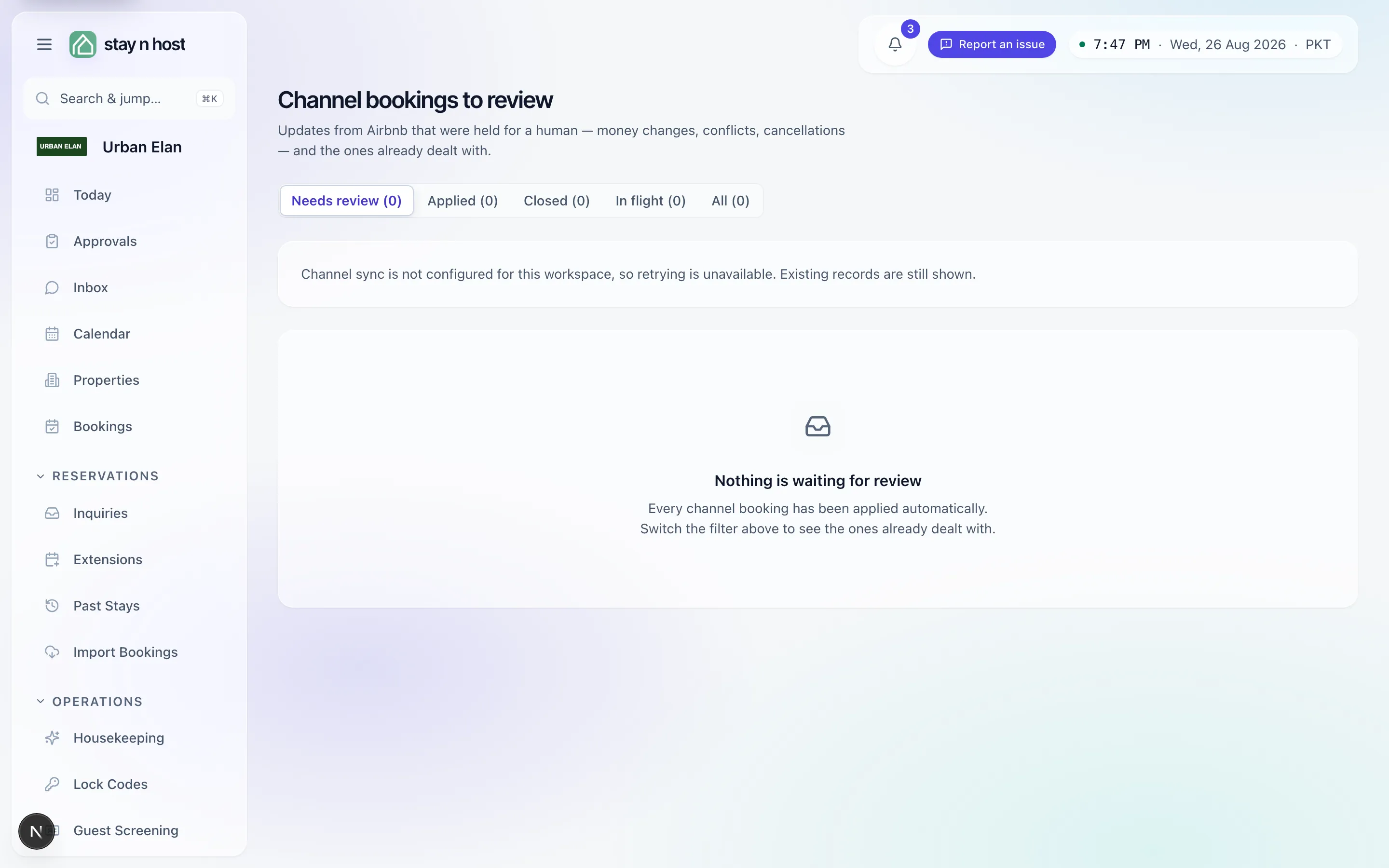 Bookings to Review - the status chips over the queue; empty when every channel event applied itself