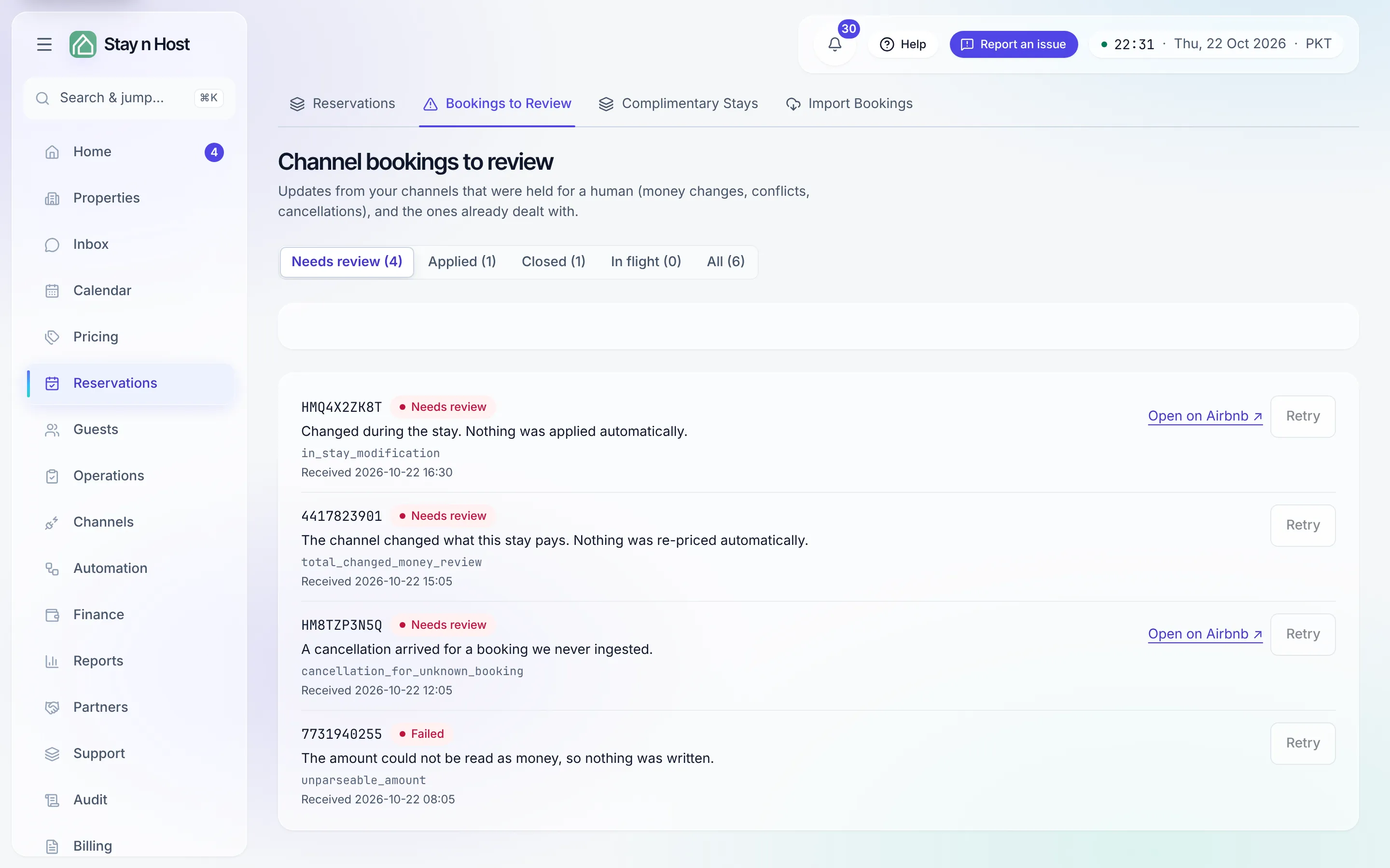 Bookings to Review - the status chips over the queue; empty when every channel event applied itself