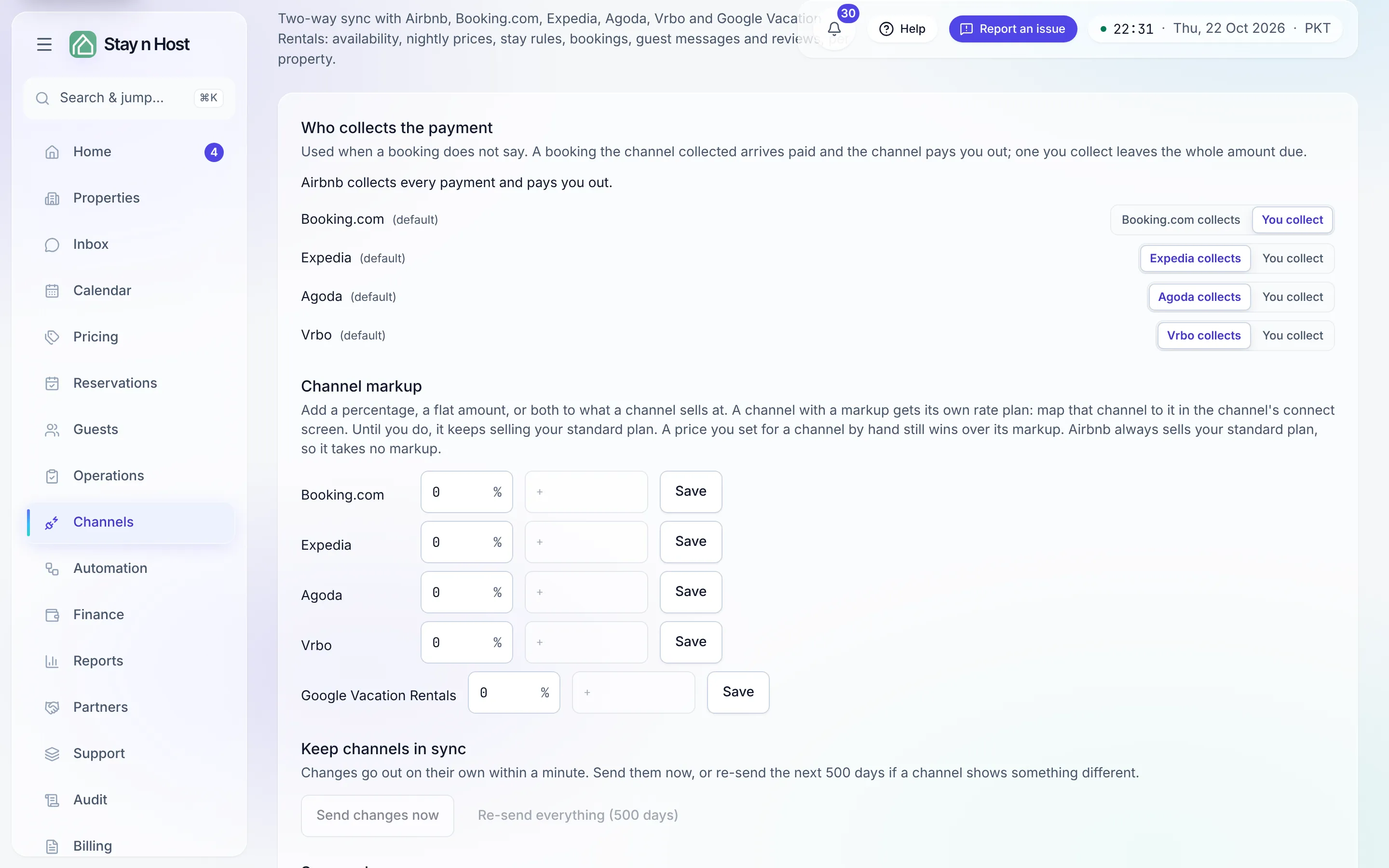 The Channels page: who collects the payment for each channel, and a markup per channel