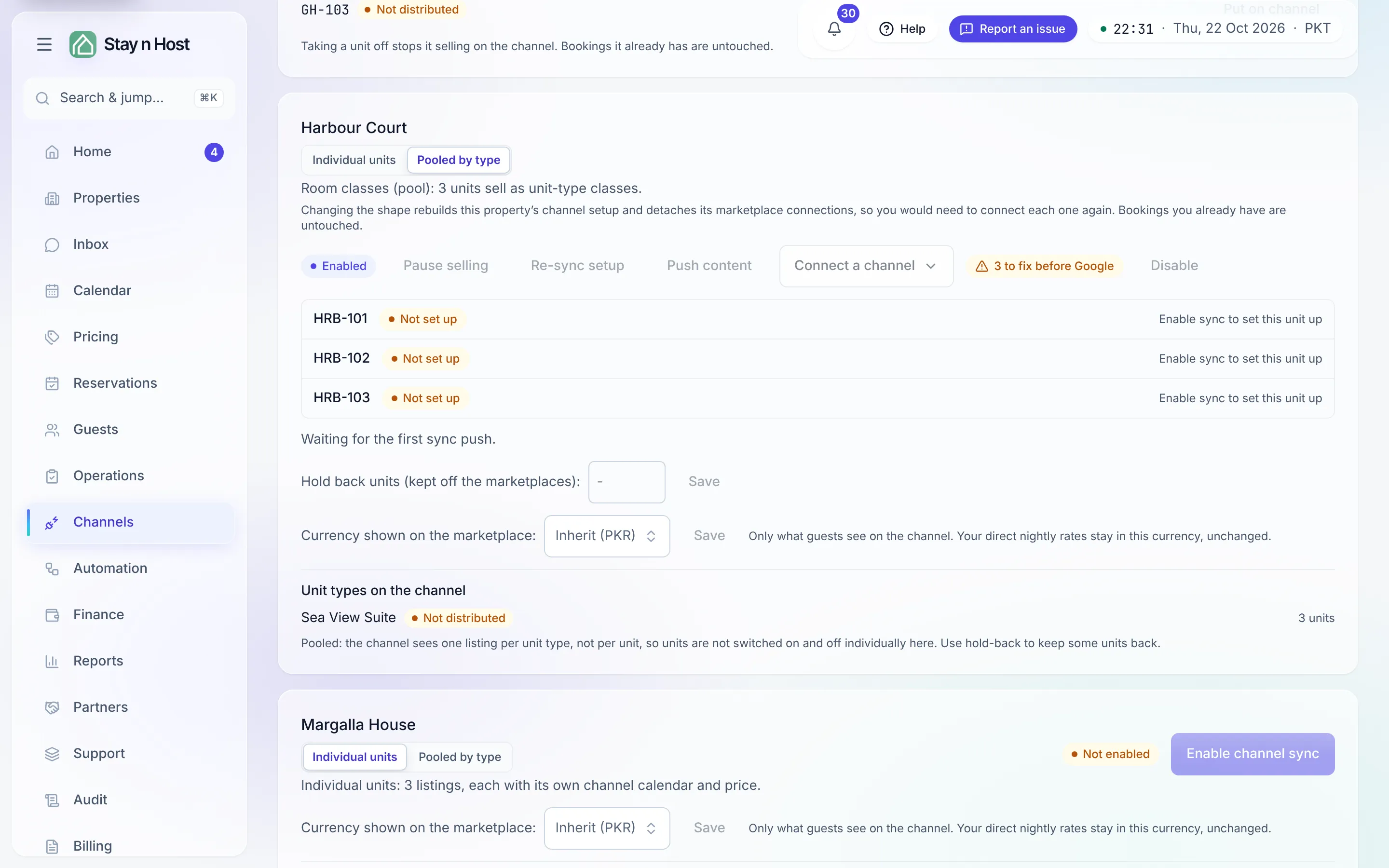 A property row on the Channels page showing the Ready for Google (or N to fix before Google) chip next to Connect a channel