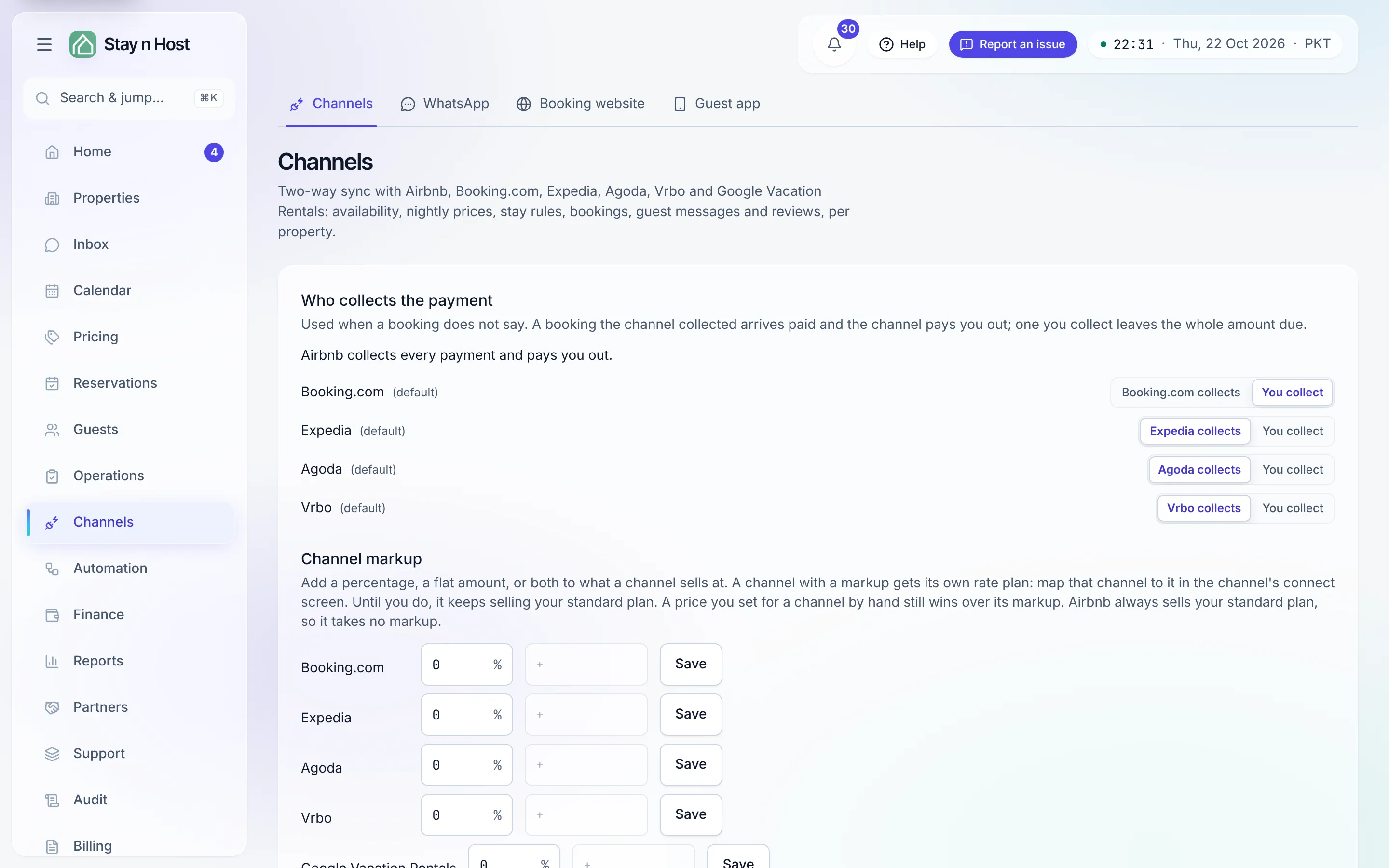 The Channels page under the Channels hub (row reads “Channels”, not “Airbnb”): connection state and per-property sync