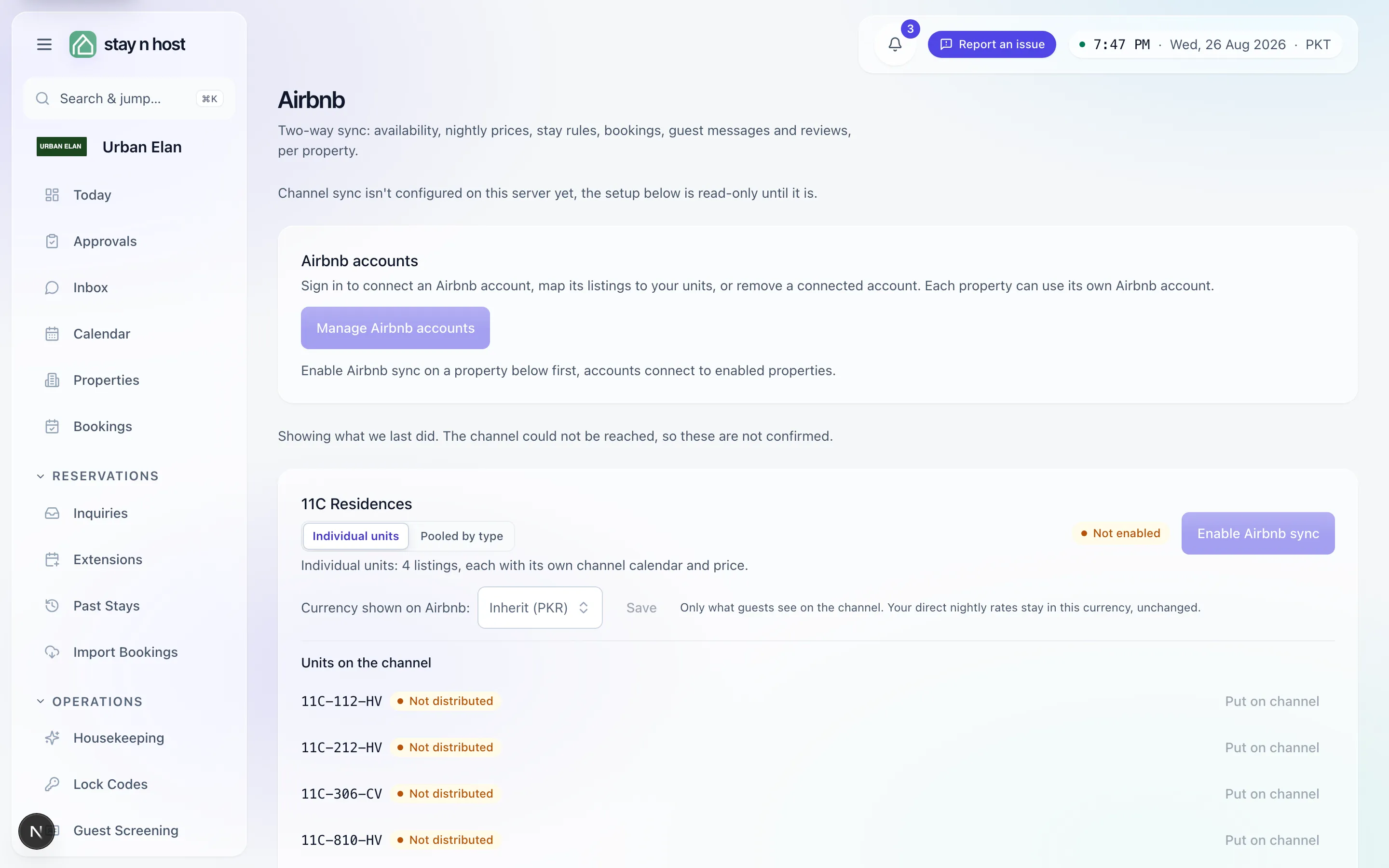 The Airbnb channel screen - connection state and per-property sync