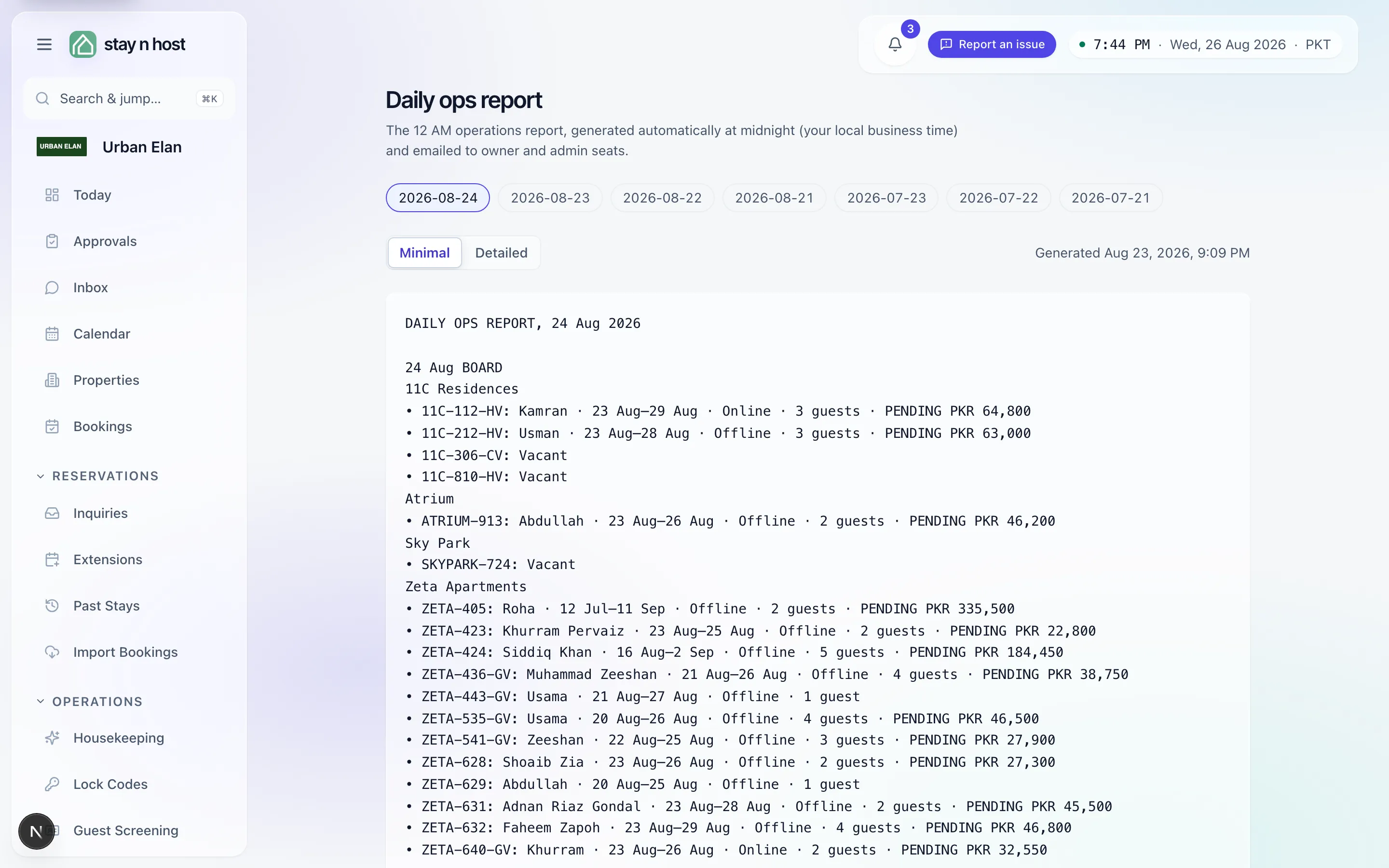 The daily ops report with its date rail and delivery record