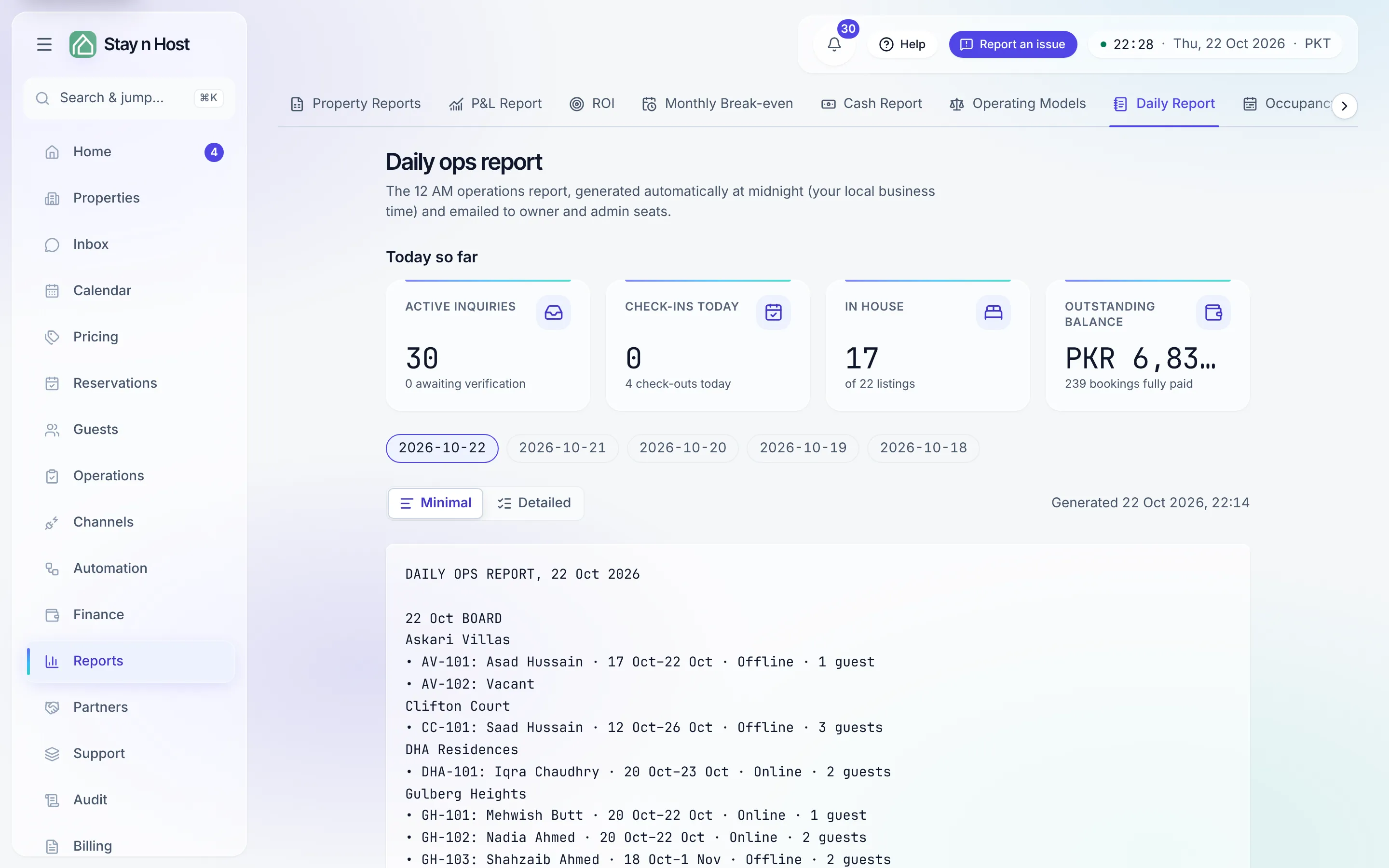 The daily ops report with its date rail and delivery record