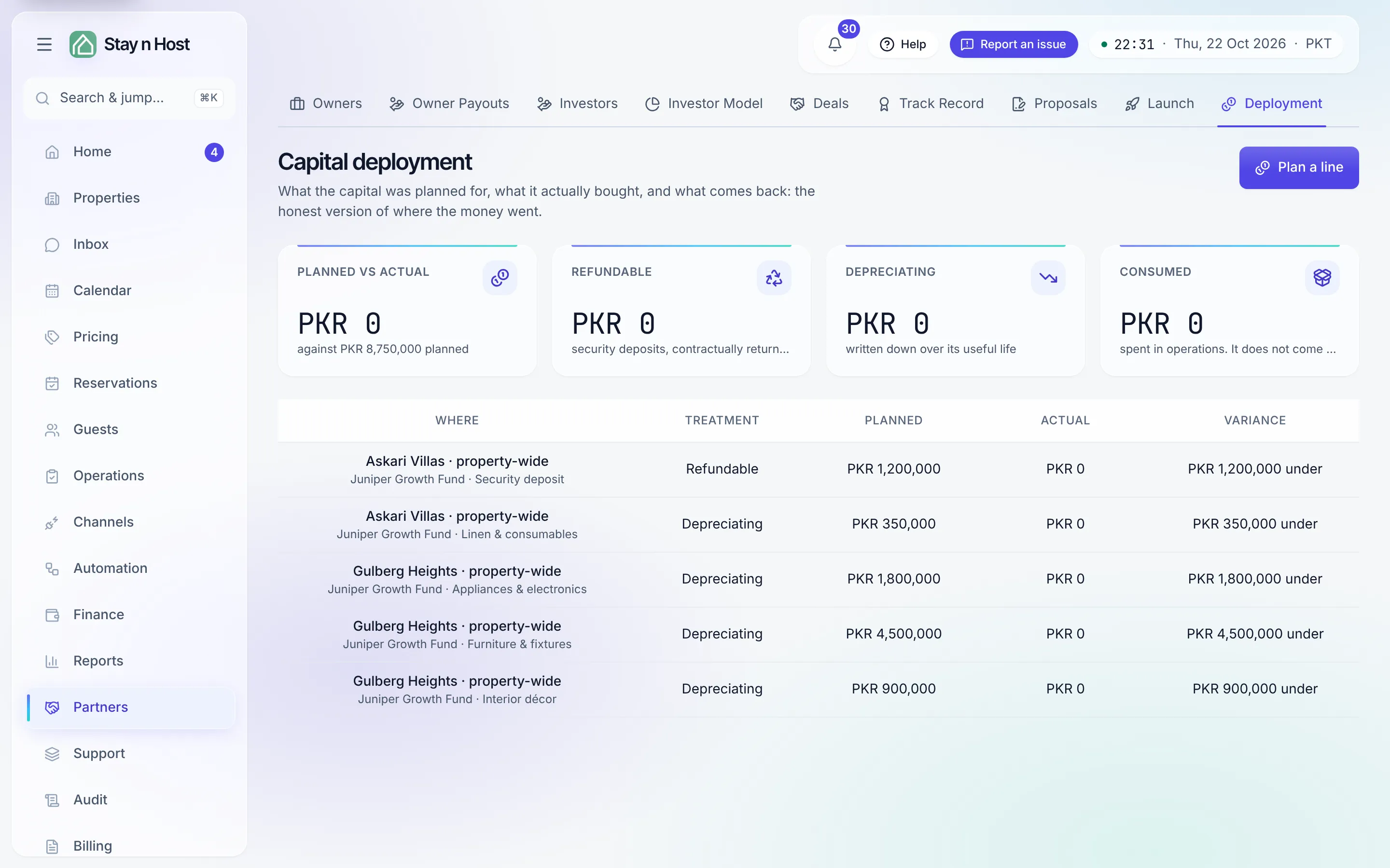 Capital deployment - the treatment tiles (planned vs actual, refundable, depreciating, consumed), before any lines are planned