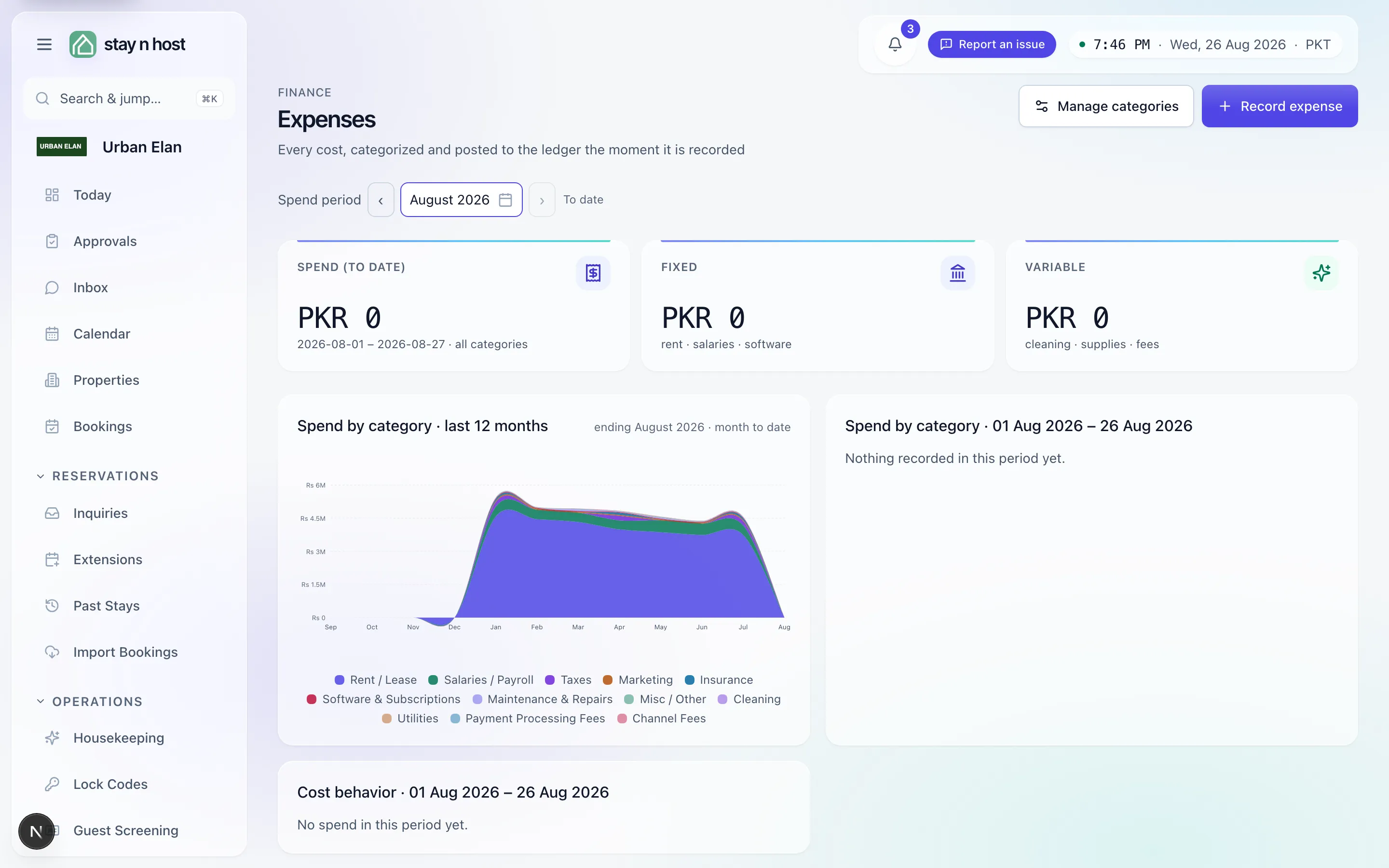 The Expenses screen - the spend tiles, the 12-month category trend, and the Record expense button