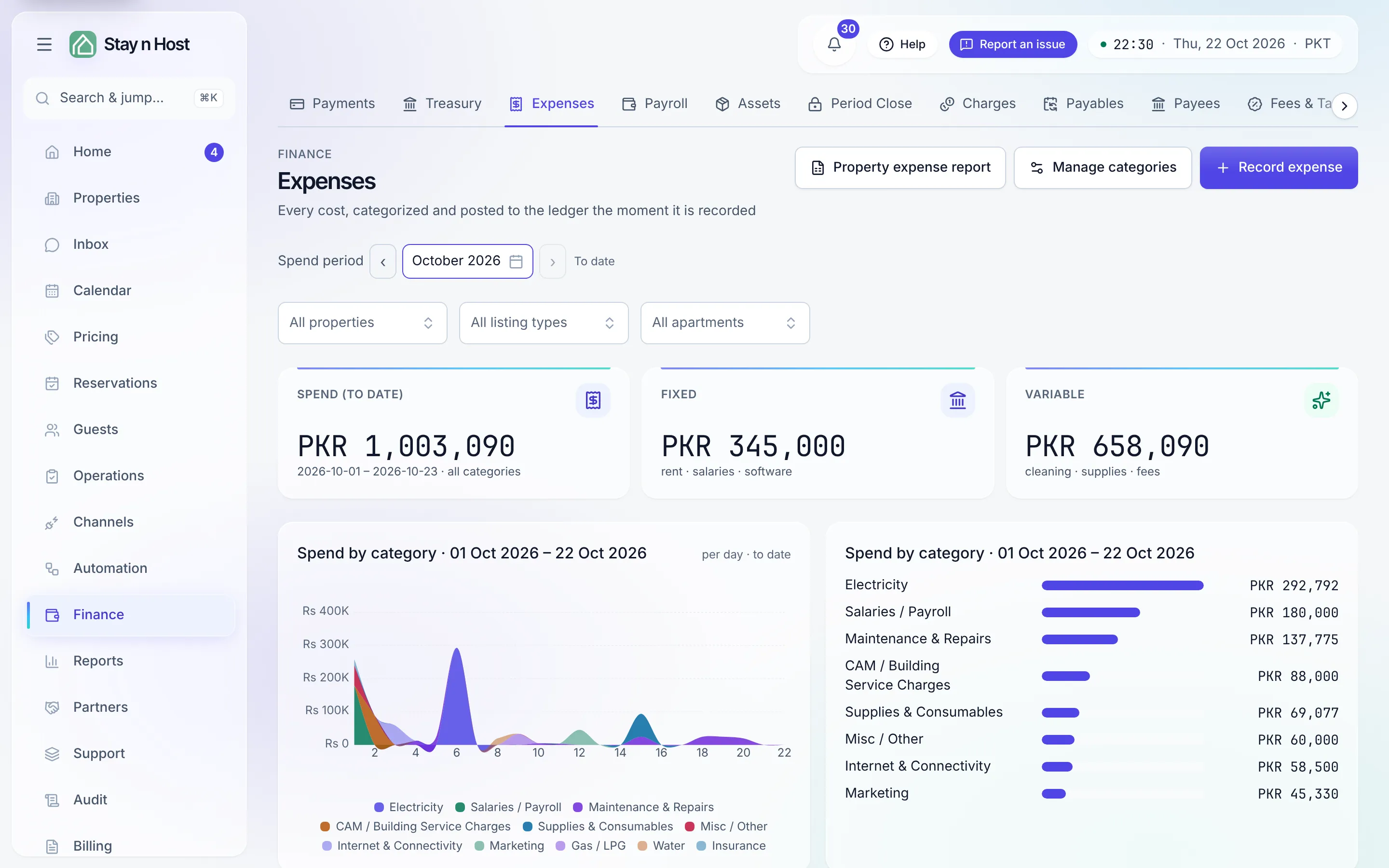 The Expenses screen - the spend tiles, the 12-month category trend, and the Record expense button