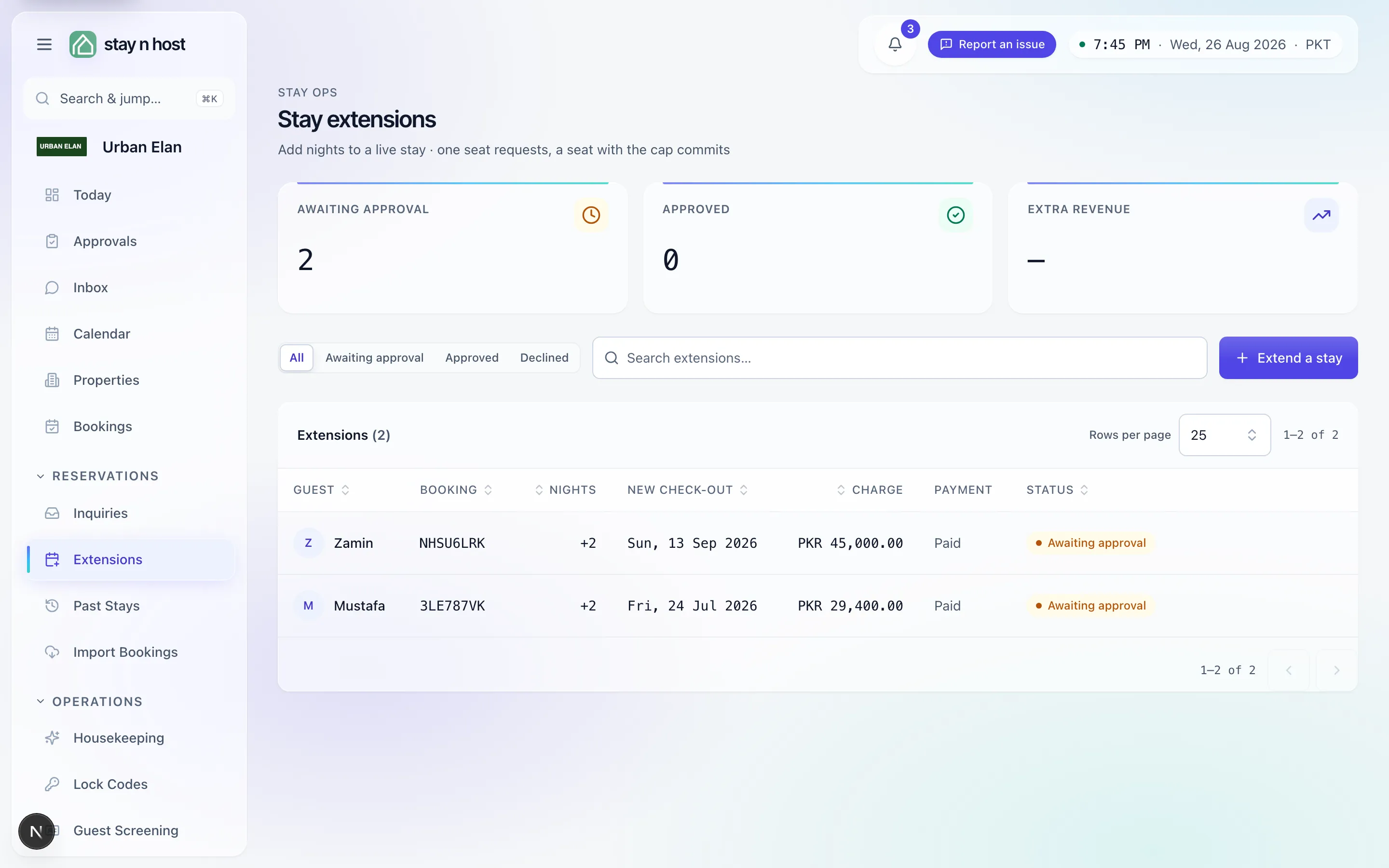 The Extensions screen - requests, approvals, and extra revenue