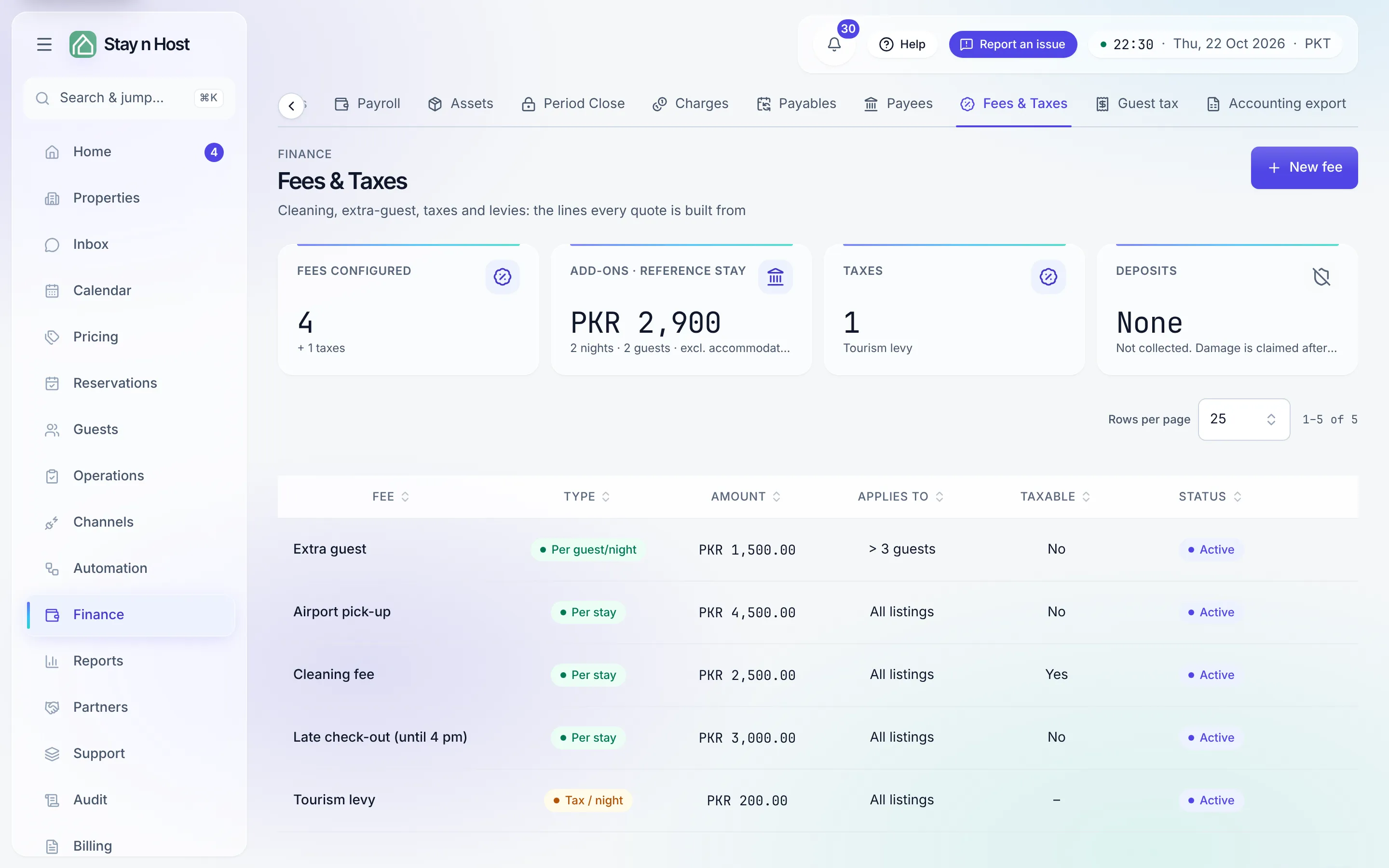The Fees & Taxes screen before any lines exist - New fee starts the schedule