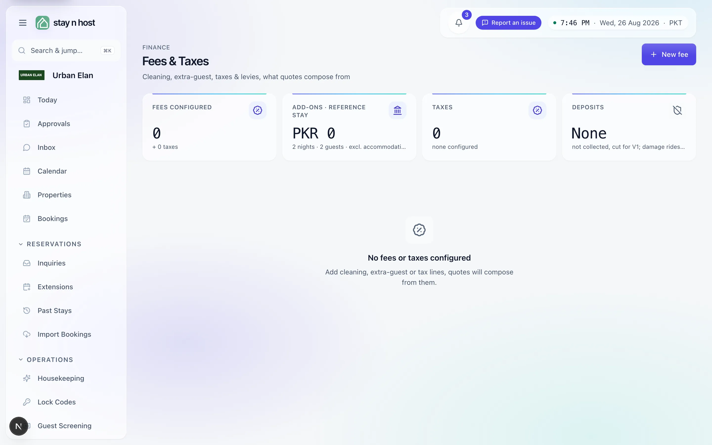The Fees & Taxes screen before any lines exist - New fee starts the schedule