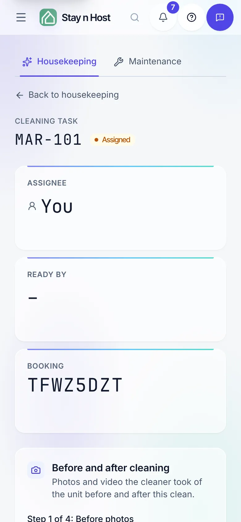 A cleaning task on a phone: who it is assigned to, and the before-and-after photo steps