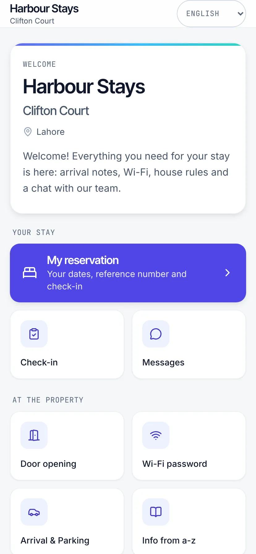 The guest app menu: the reservation, check-in, messages, door opening, Wi-Fi, arrival and house information