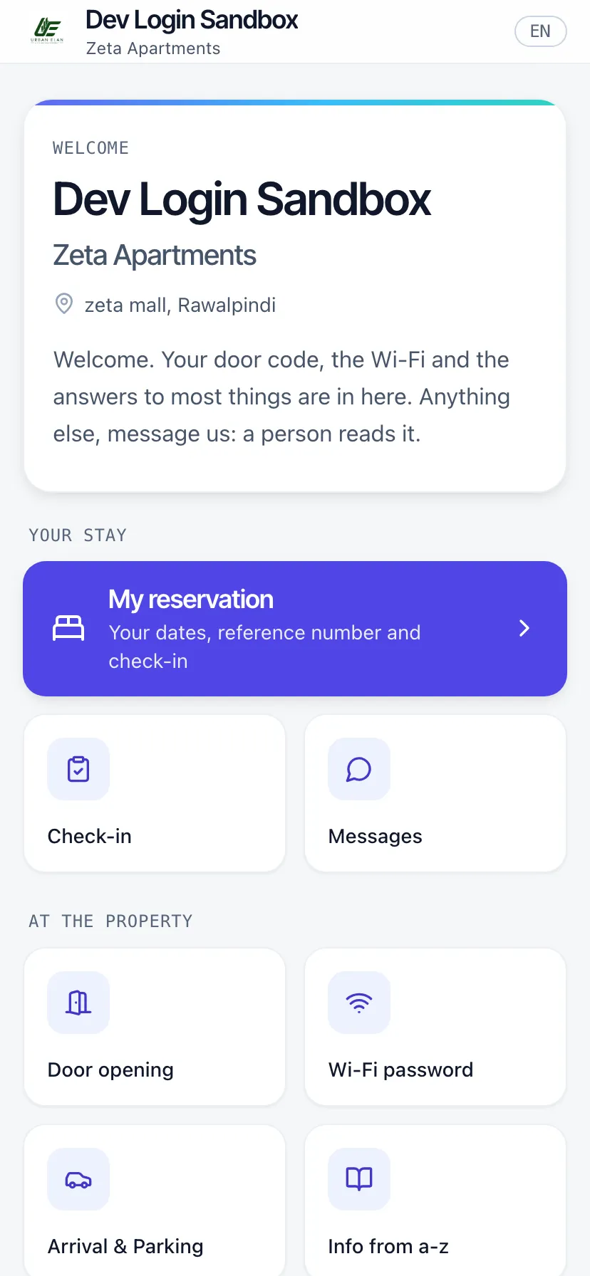 The guest app menu: the reservation, check-in, messages, door opening, Wi-Fi, arrival and house information