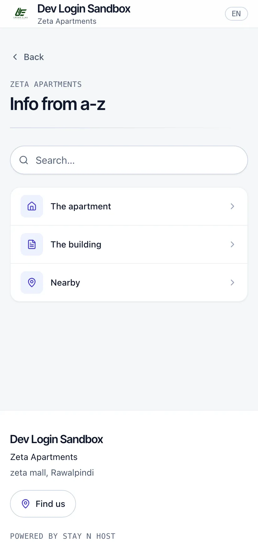 The Info from a-z screen: searchable categories of house information