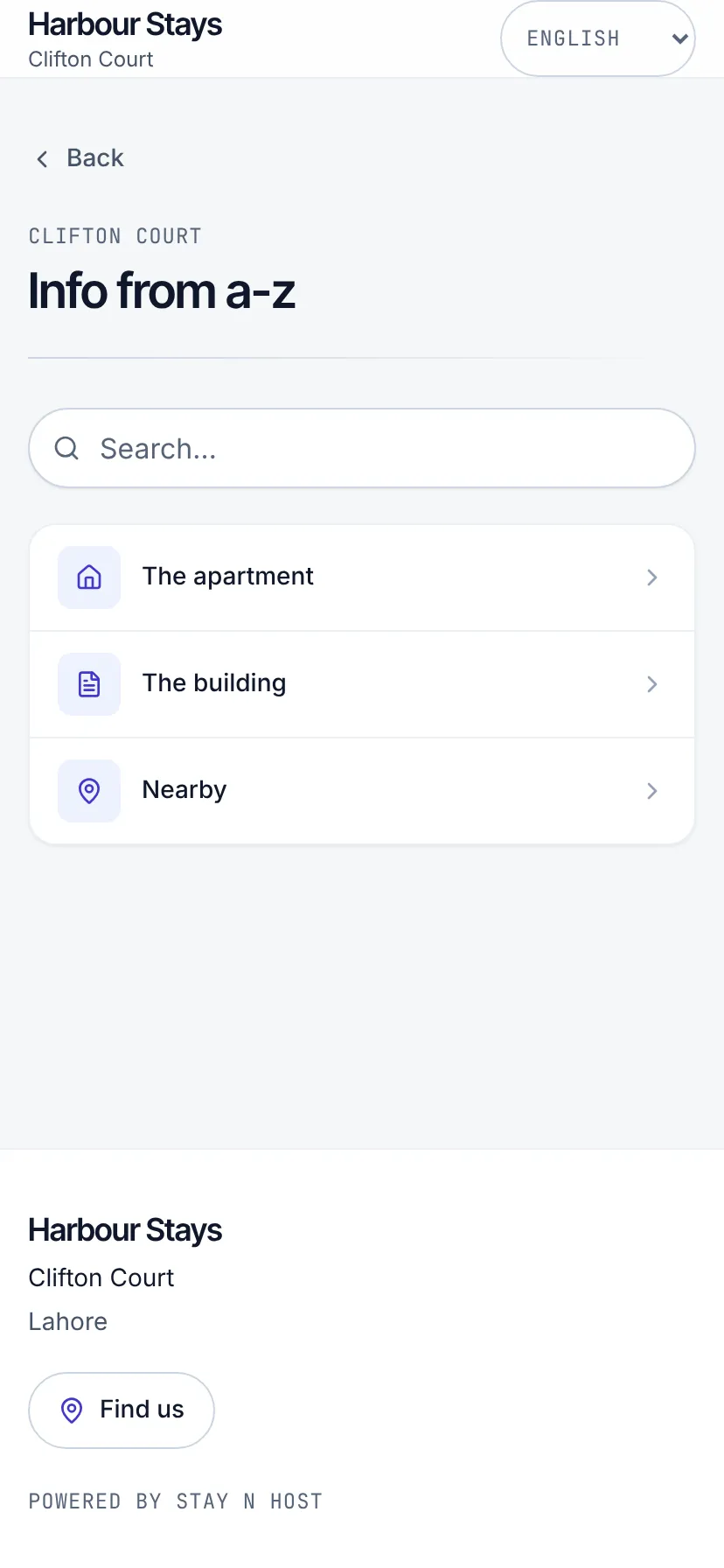 The Info from a-z screen: searchable categories of house information