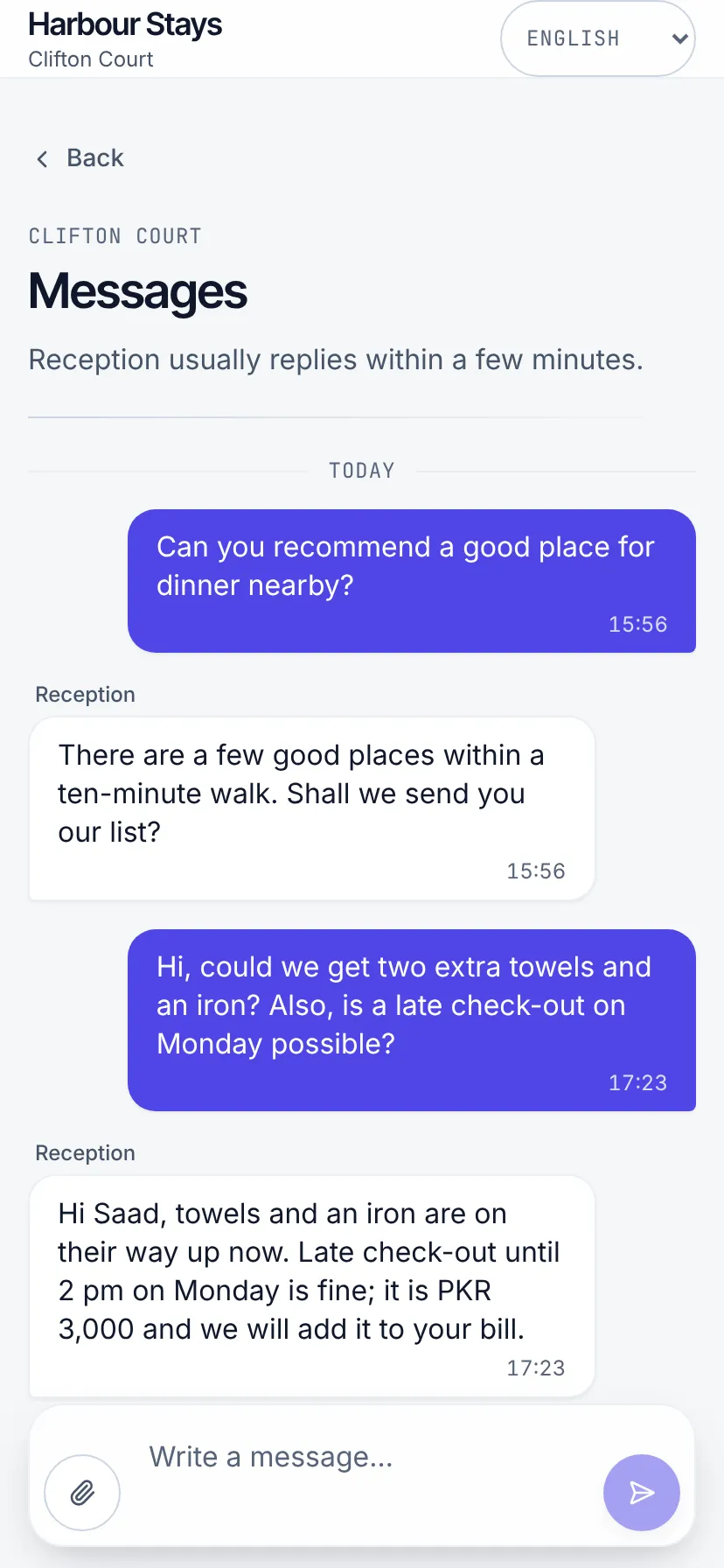The messages screen, writing into the operator’s shared inbox