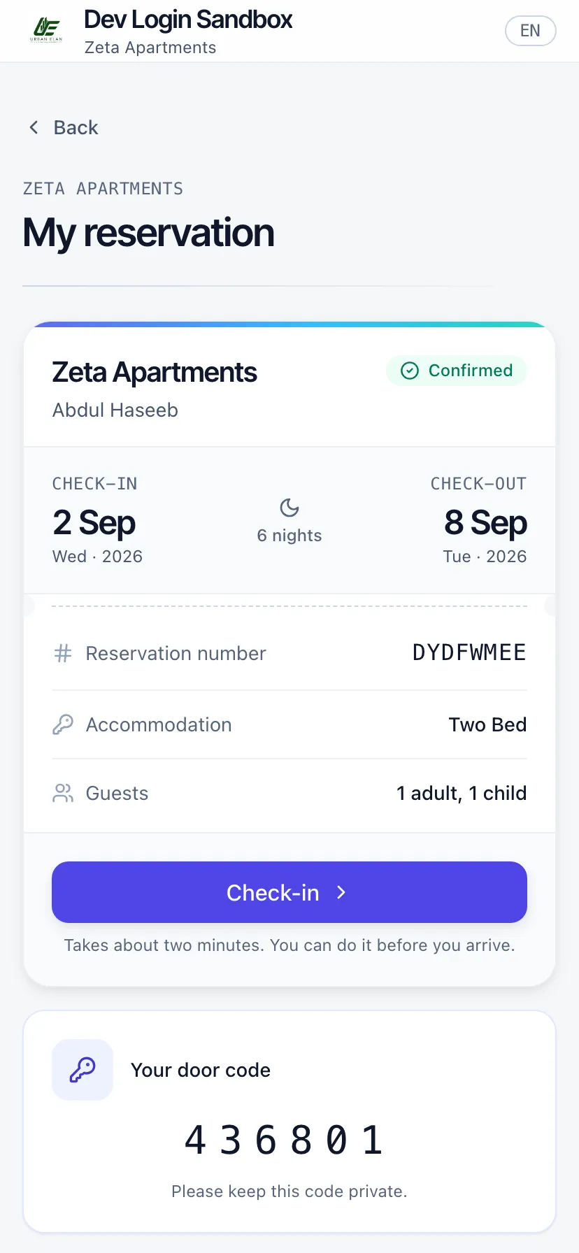 The reservation screen showing the stay, the reservation number, and the released door code