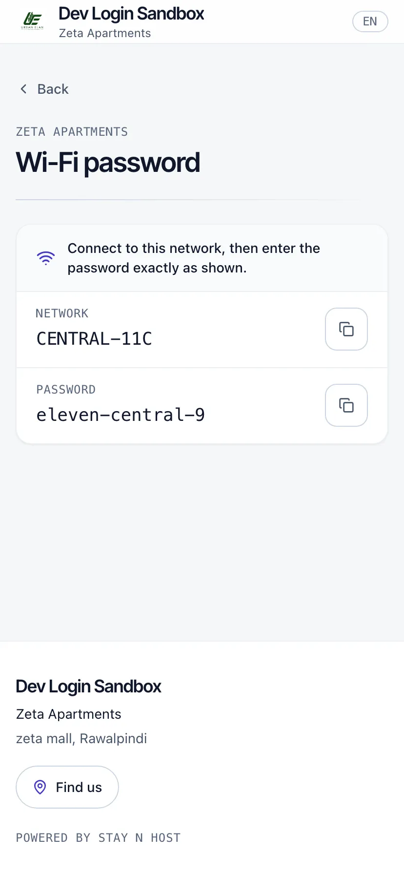 The Wi-Fi screen with the network name and password as copyable text