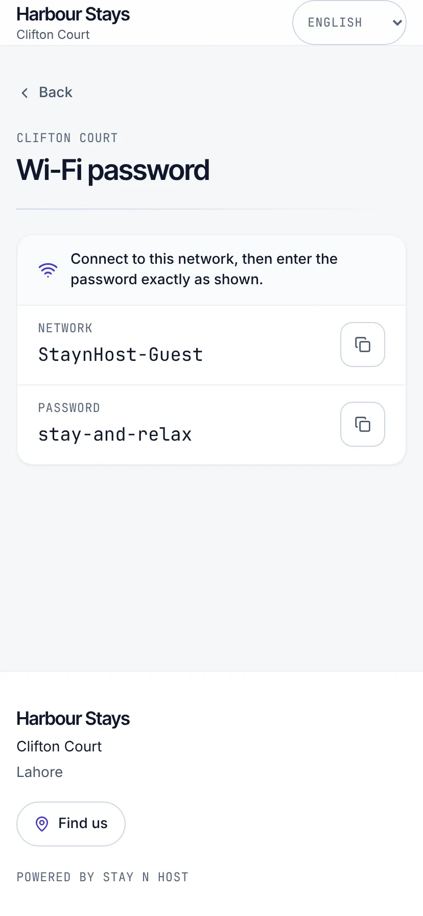 The Wi-Fi screen with the network name and password as copyable text