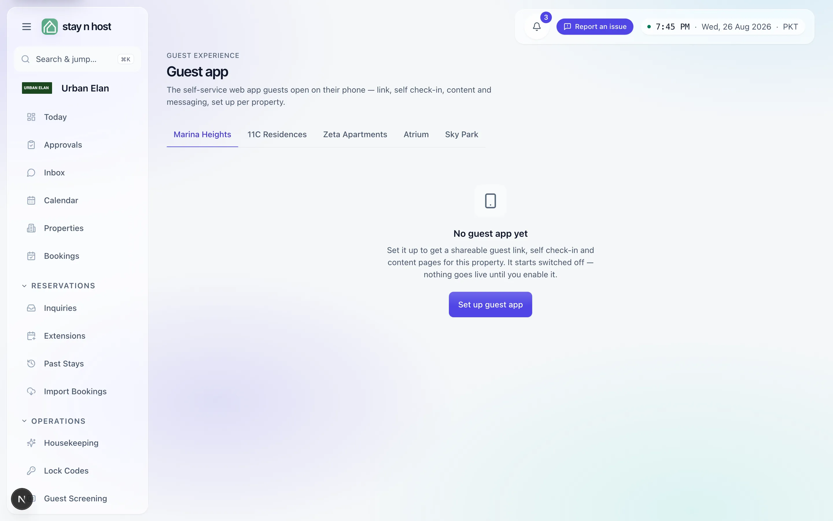 The Guest app screen - one tab per property; Set up guest app starts a property’s app