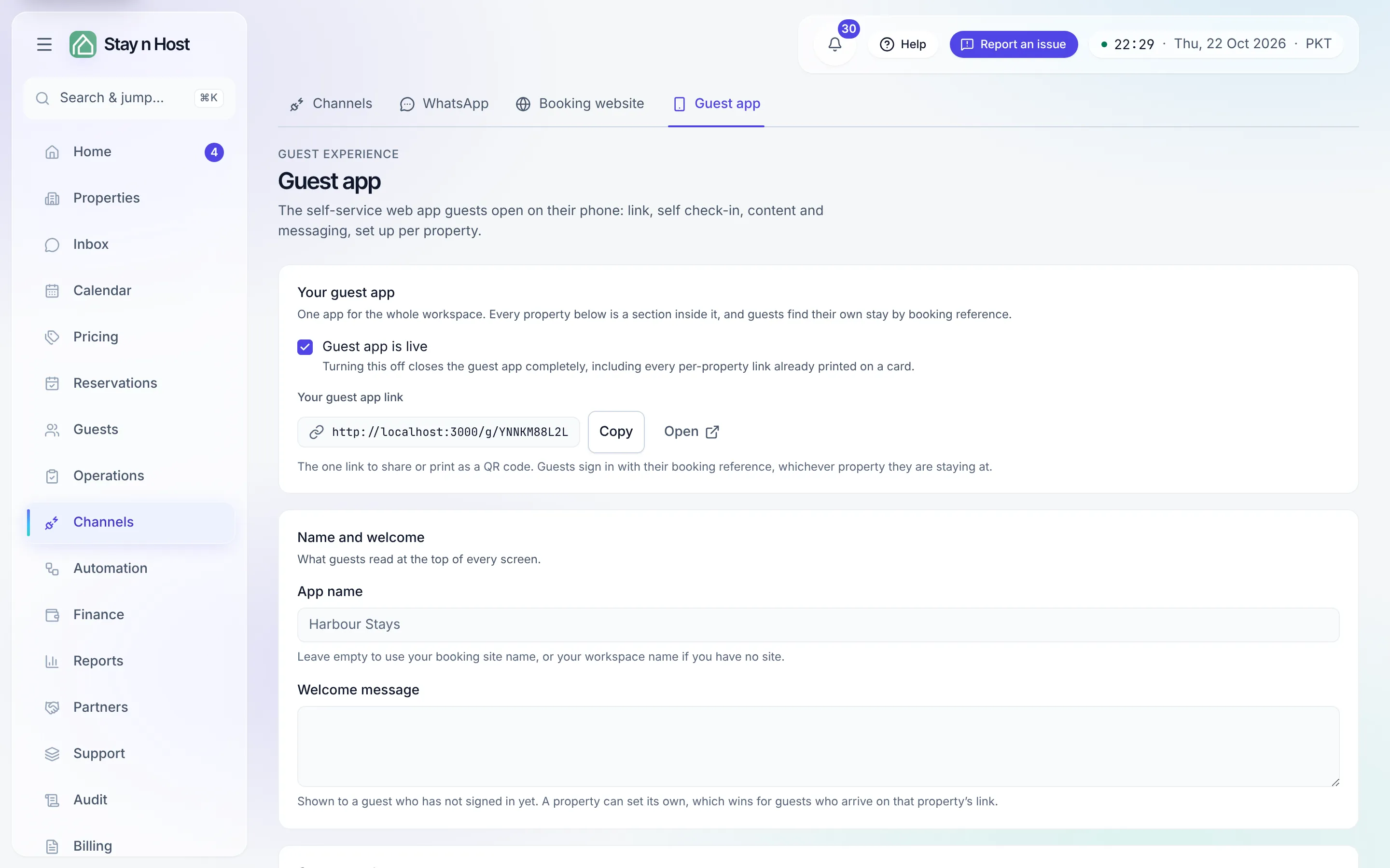 The Guest app screen - one tab per property; Set up guest app starts a property’s app