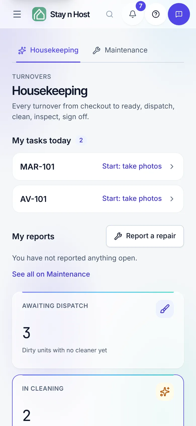 Phone-width view signed in as a cleaner: My tasks today with its count, one Same-day turnover card reading By 14 and Start: take photos, and a second card reading Continue