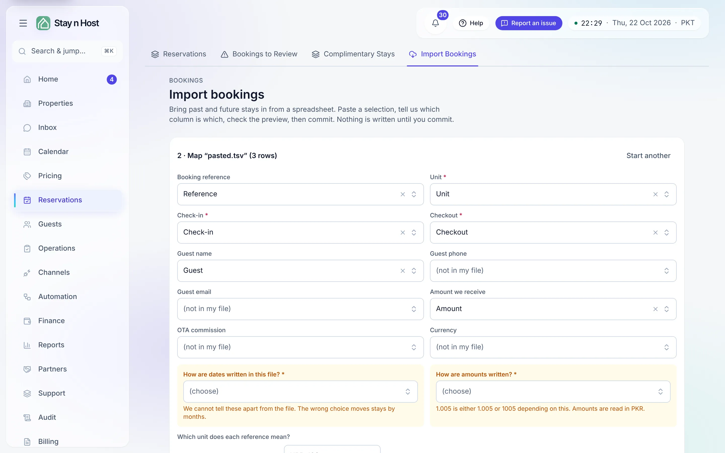 Import Bookings - paste, map, preview, commit