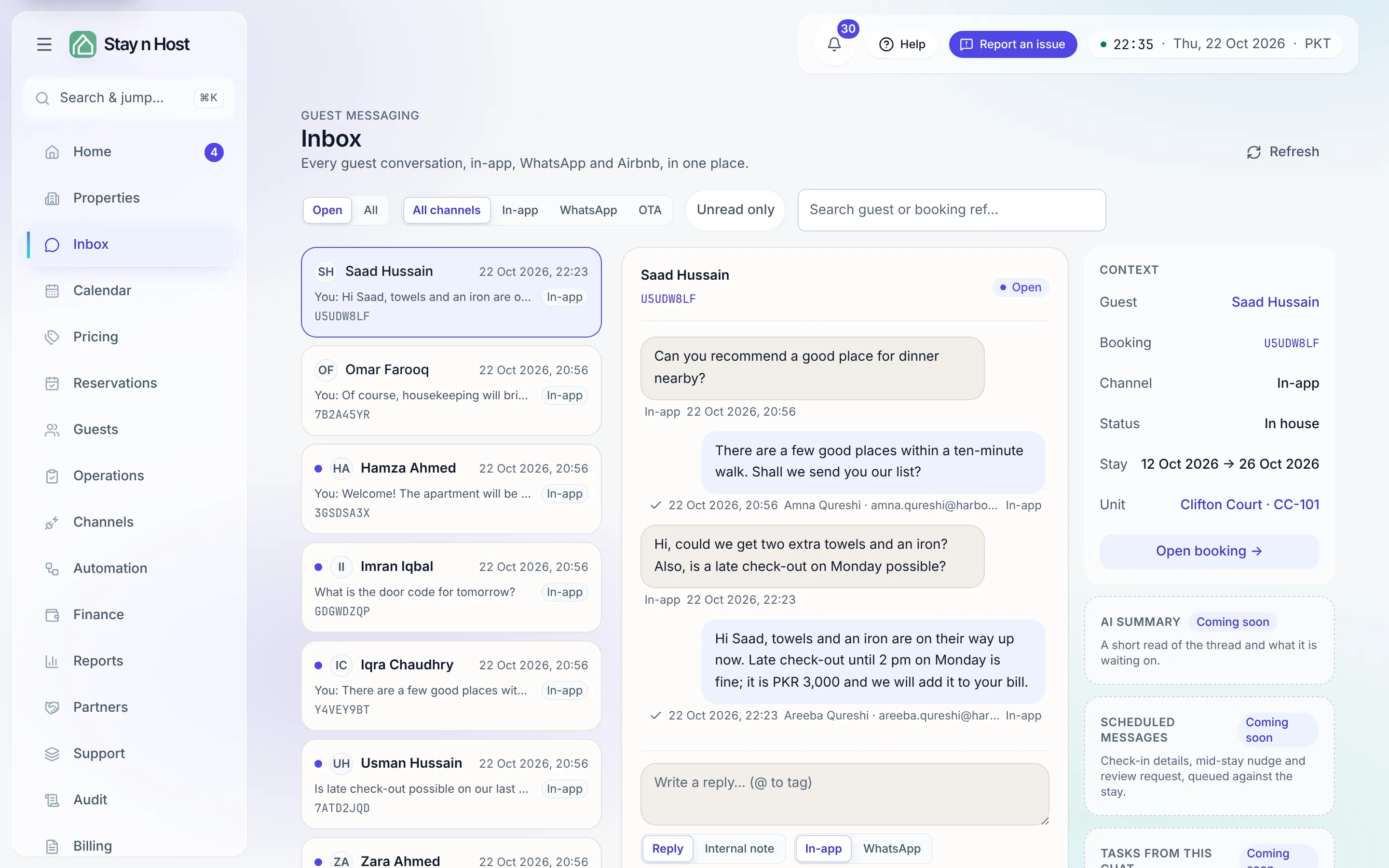The Inbox - every guest conversation across WhatsApp and Airbnb