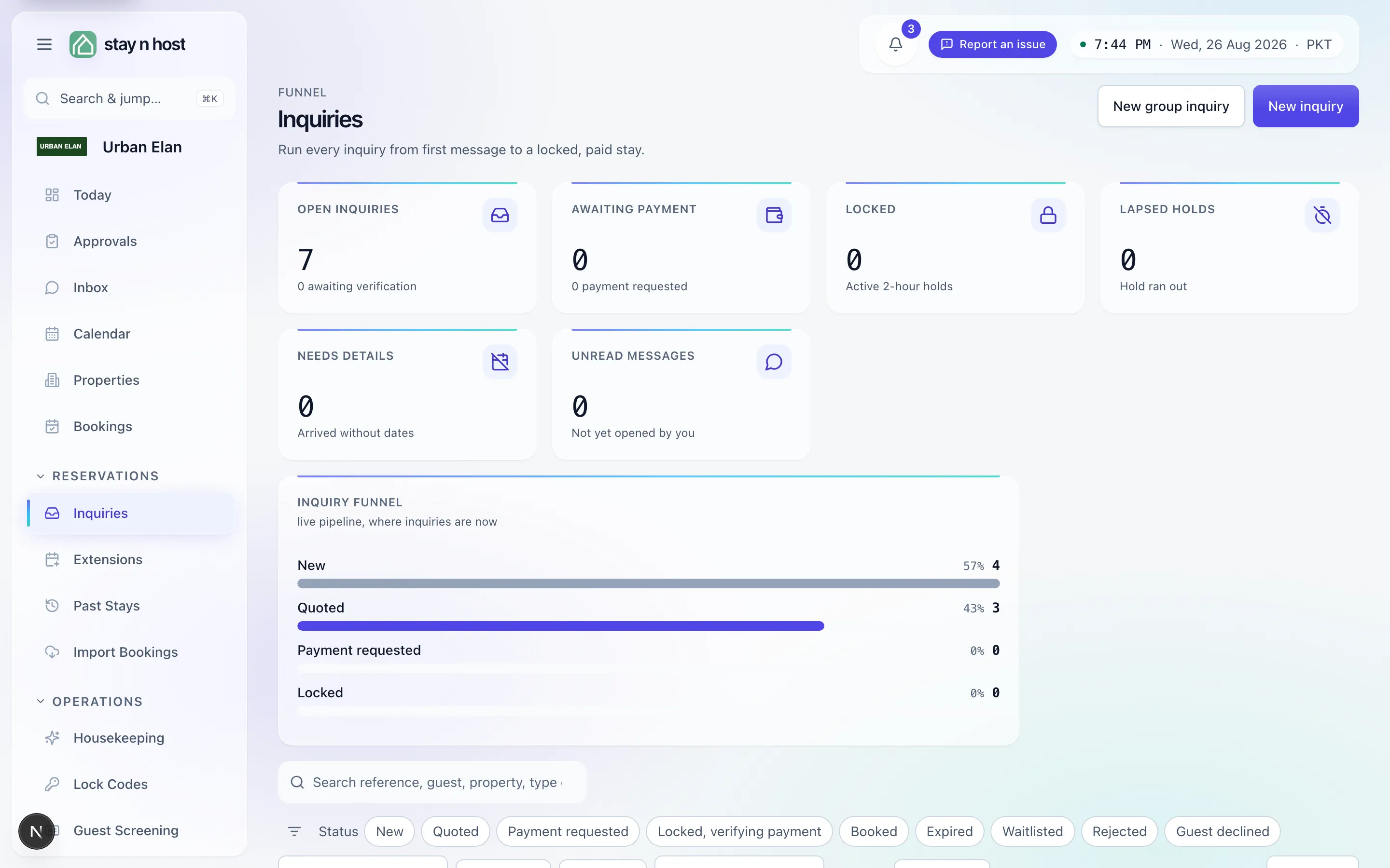 The Inquiries screen - the pre-booking funnel with each inquiry’s stage