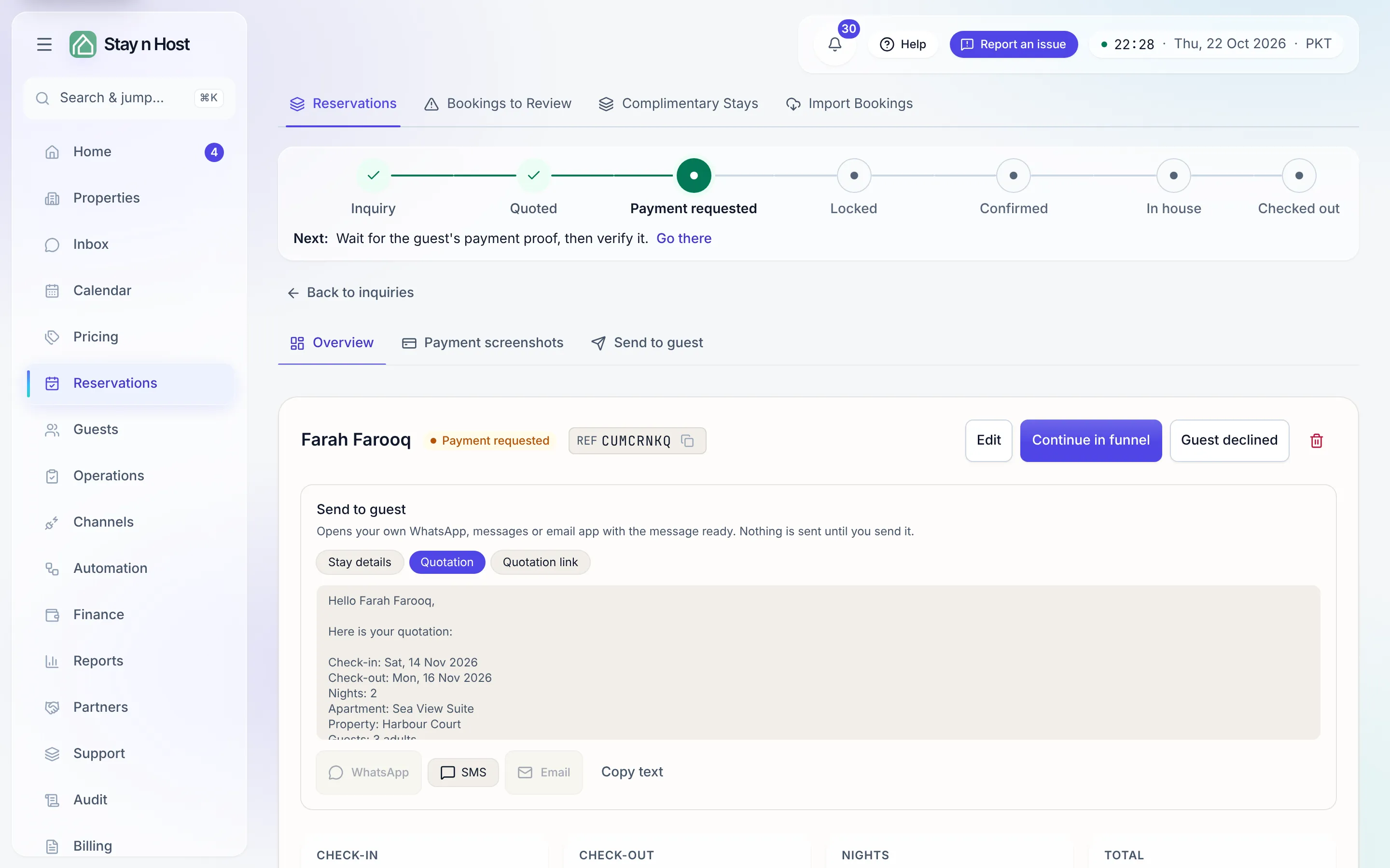 An inquiry’s detail page - the stay, the quote, and the send-to-guest composer
