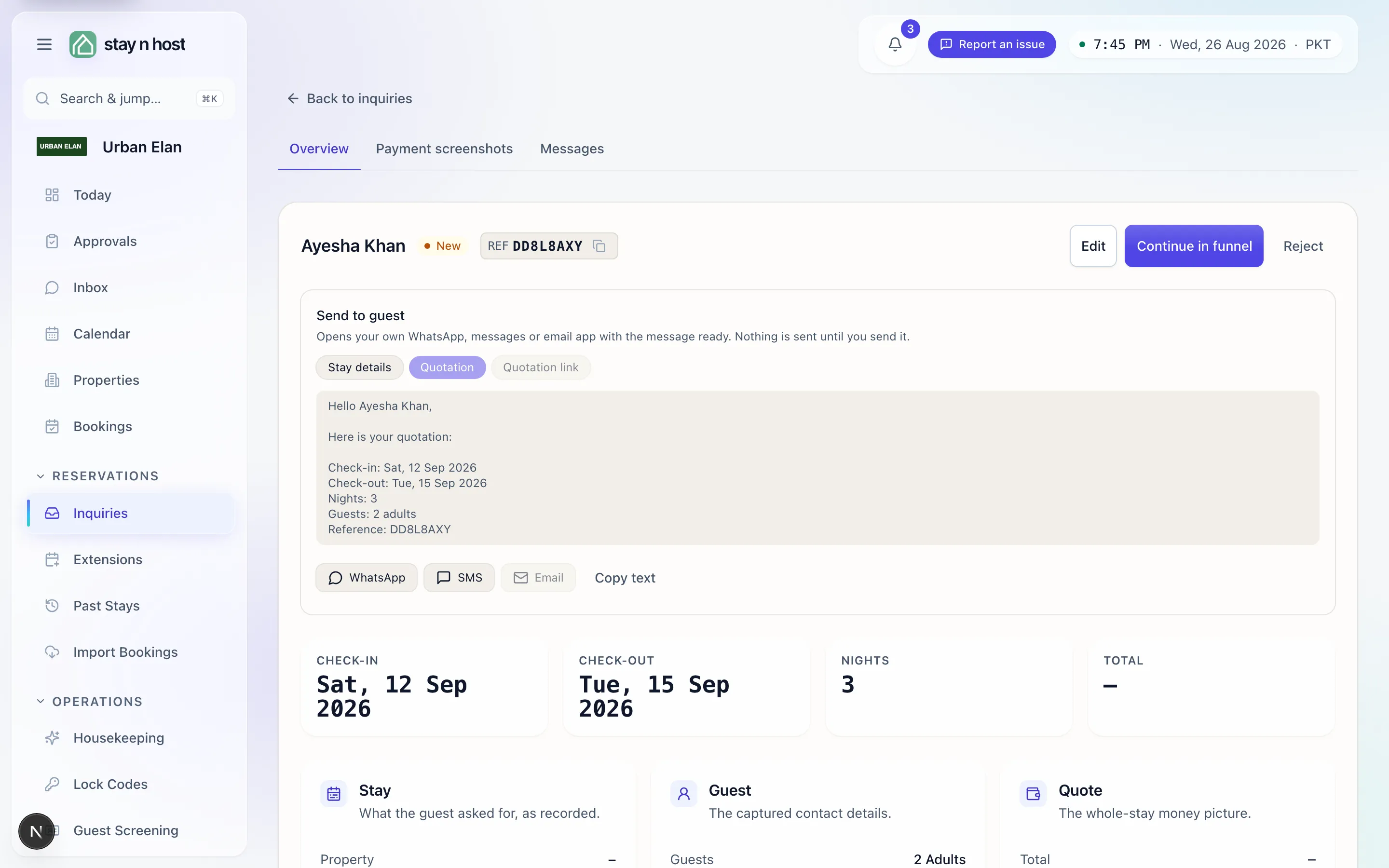 An inquiry’s detail page - the stay, the quote, and the send-to-guest composer