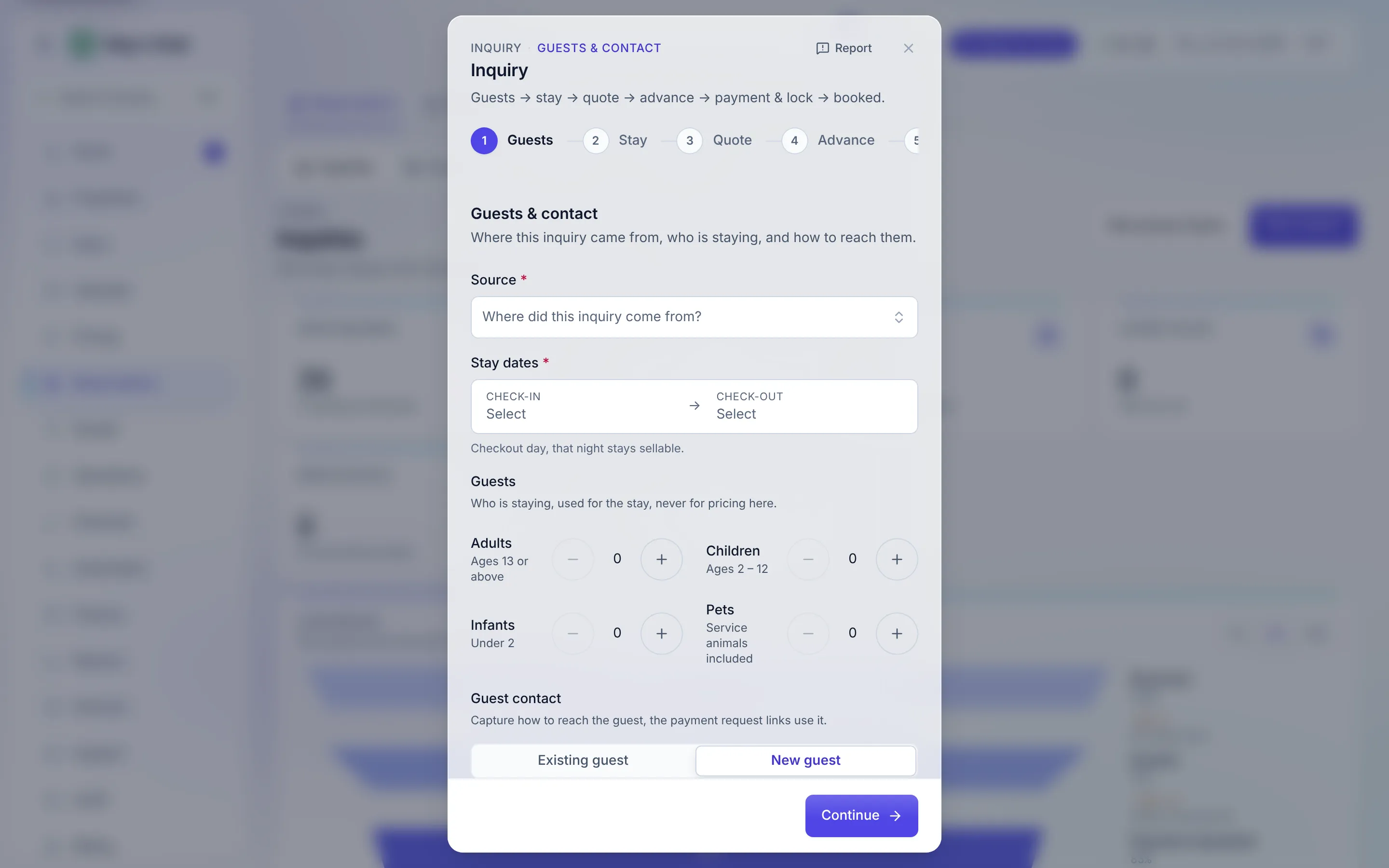 The New inquiry wizard open on its first step, Guests & contact: the stepper (Guests, Stay, Quote, Advance, Payment & lock), the Source field, and the guest search
