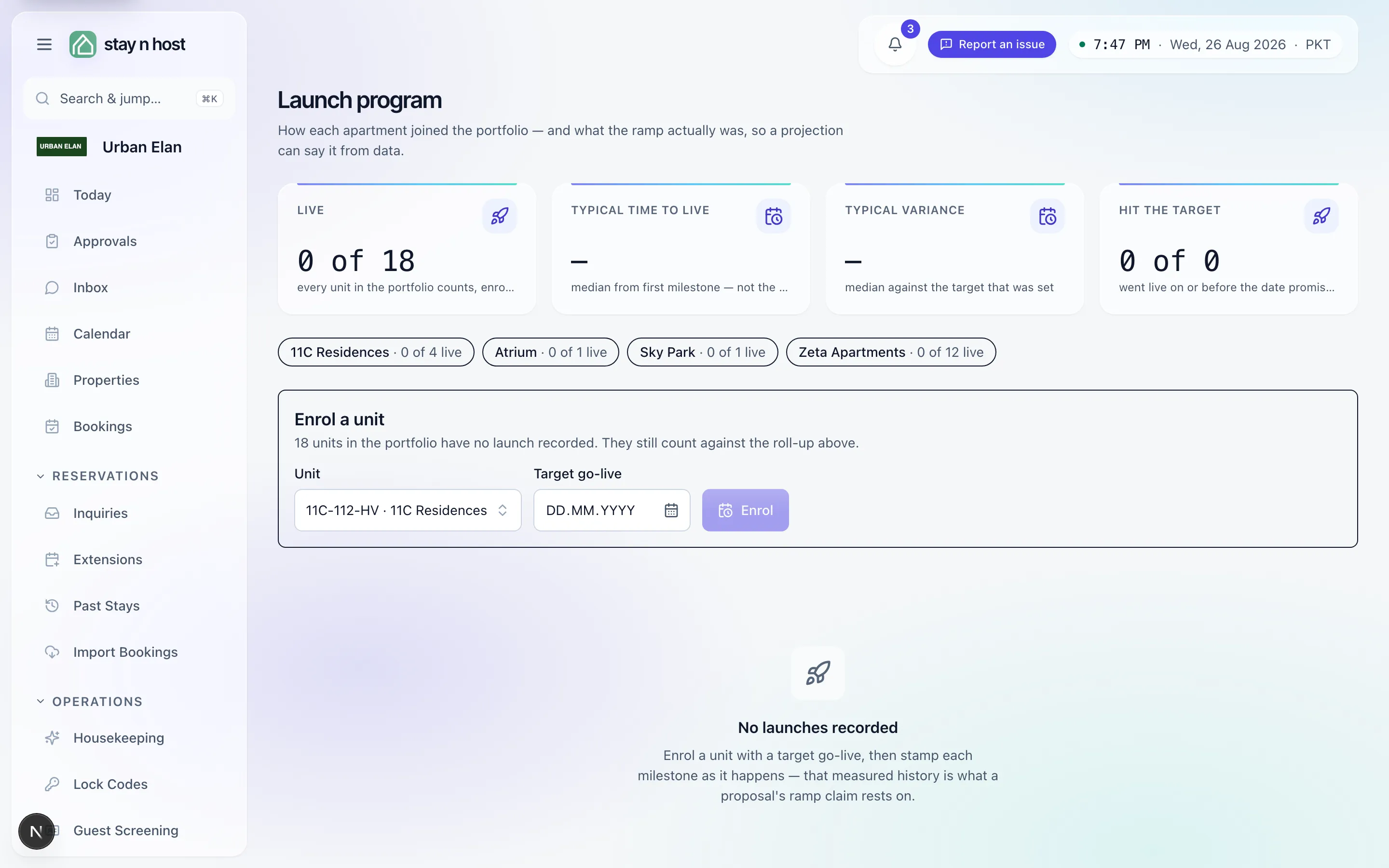 The Launch program - the ramp tiles, per-property live counts, and the enrol-a-unit form, before any launches are recorded
