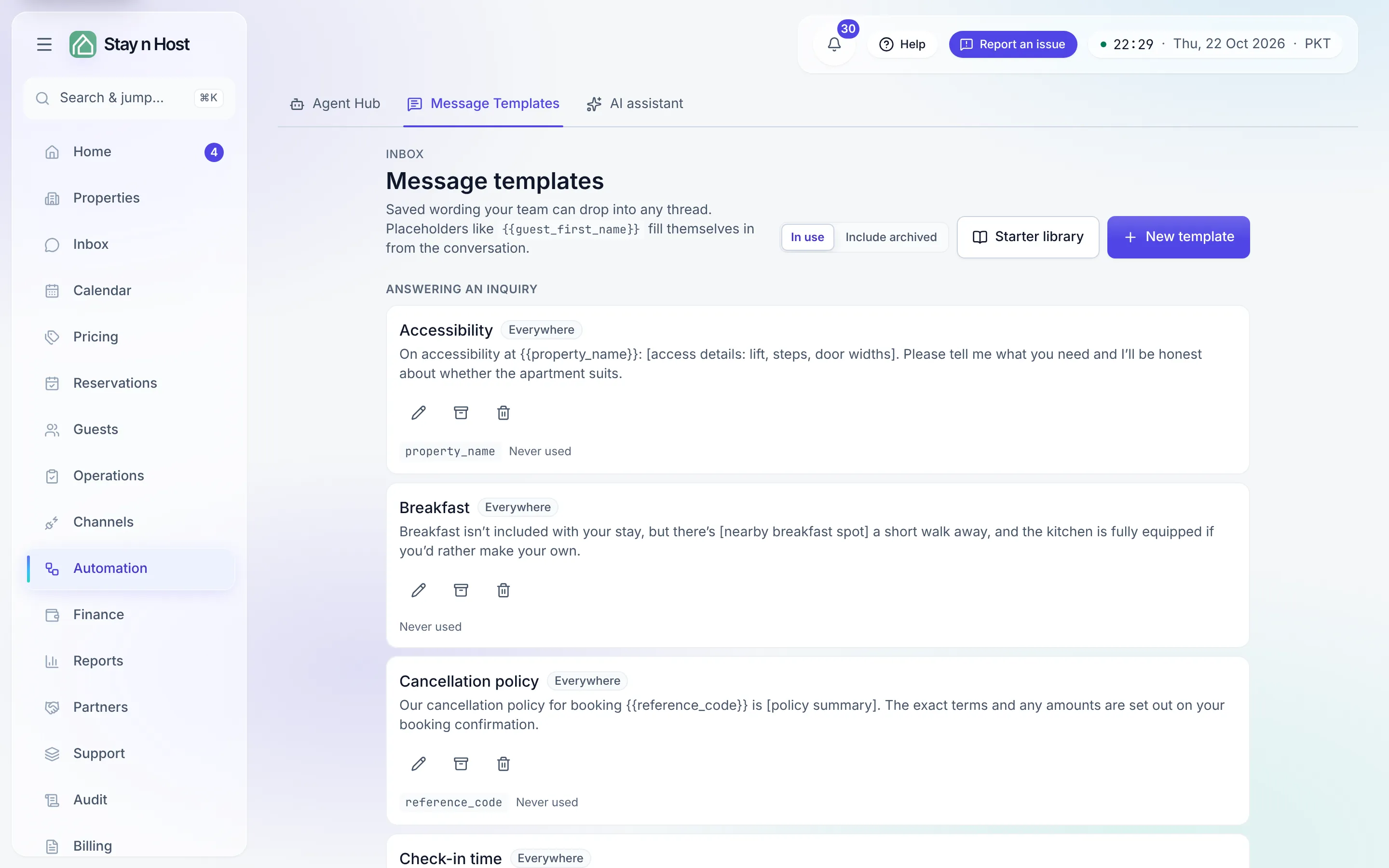 The Message templates screen before the first template - New template starts the library