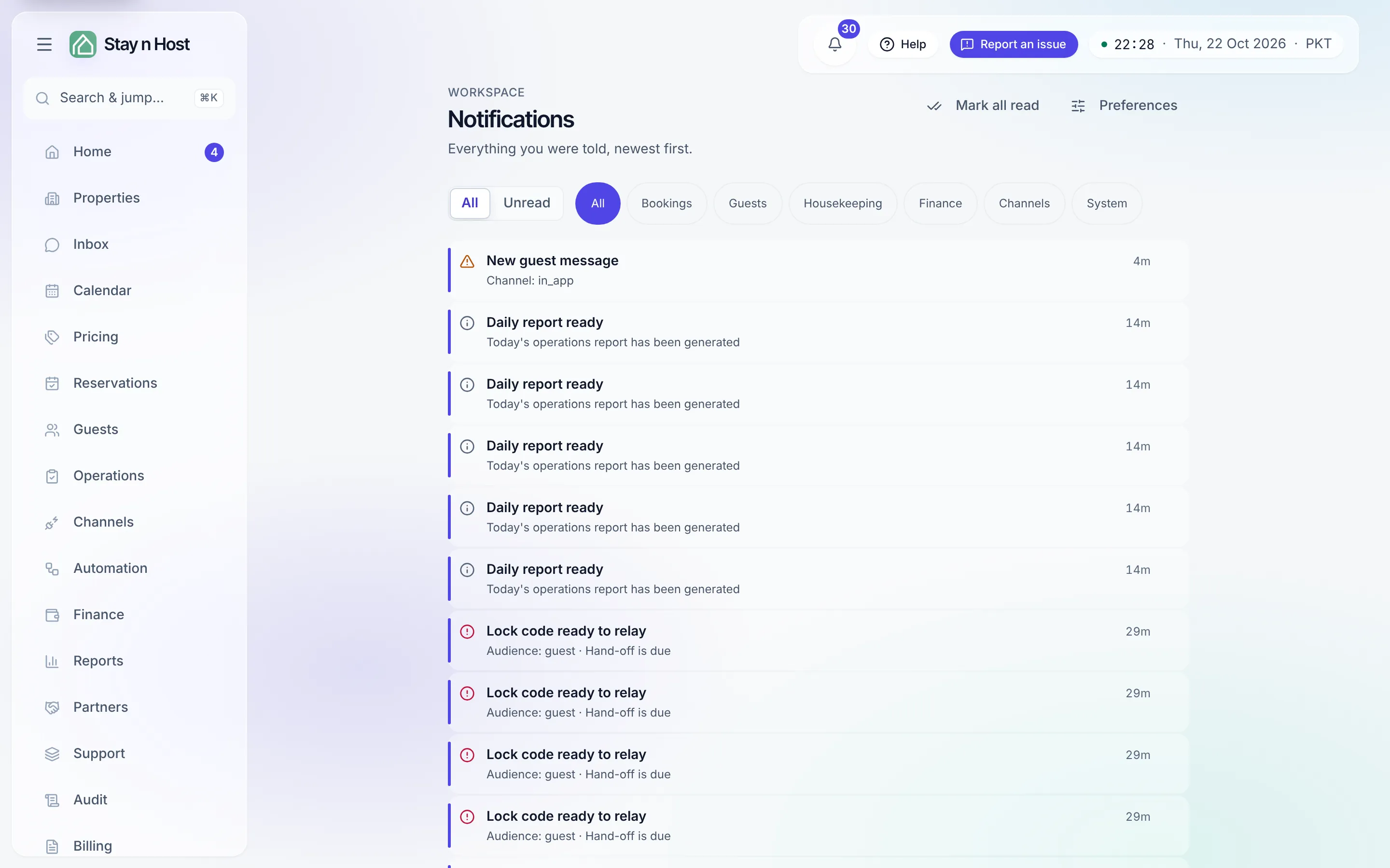 The notifications history page with severity and category filters